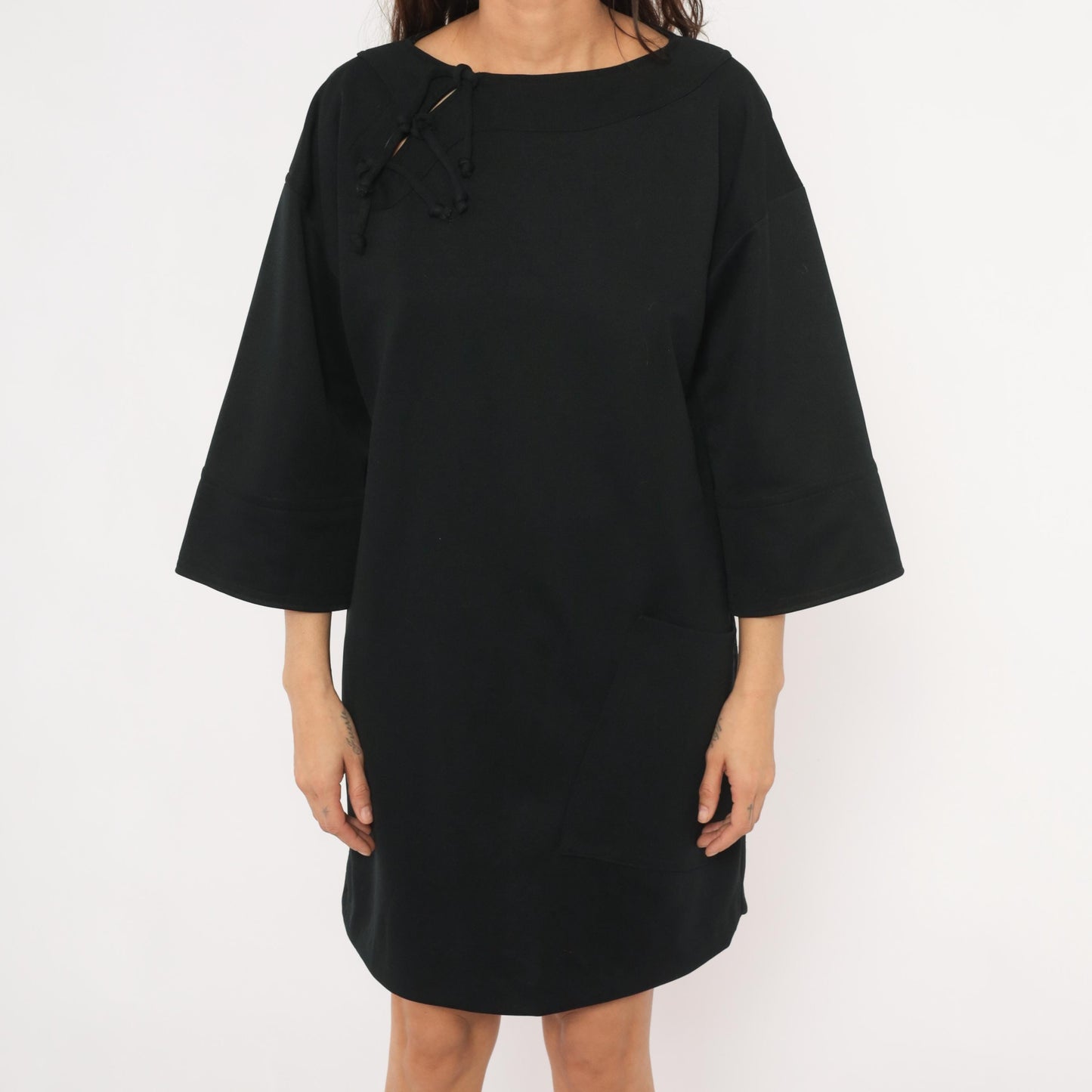 70s Black Shift Dress Lace-Up Neckline Bell Sleeve Patch Pockets Extra Large XL