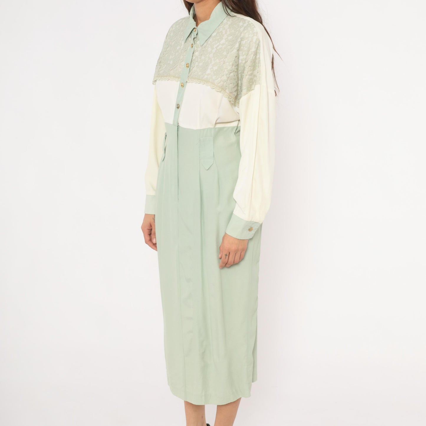 90s Irresistible Sage Mint Lace Midi Dress Gold Buttons Pointed Collar Large L