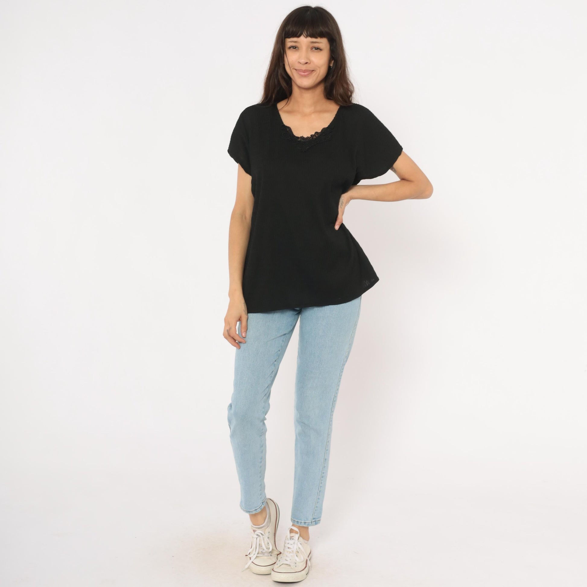 90s Copy Cats Black Lace Neckline Blouse Dolman Sleeve Tunic Extra Large XXL