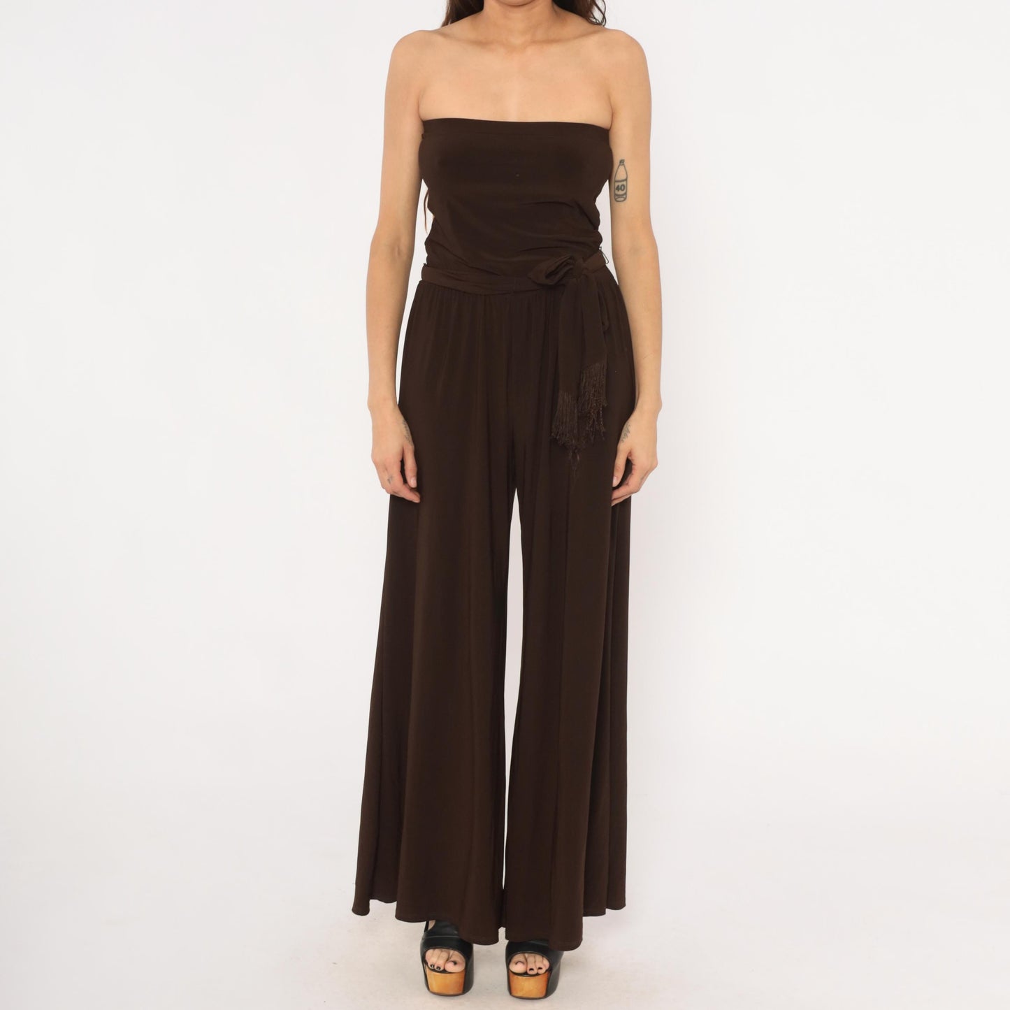 2000s MSK Chocolate Brown Strapless Jumpsuit Wide Leg Palazzo Medium M