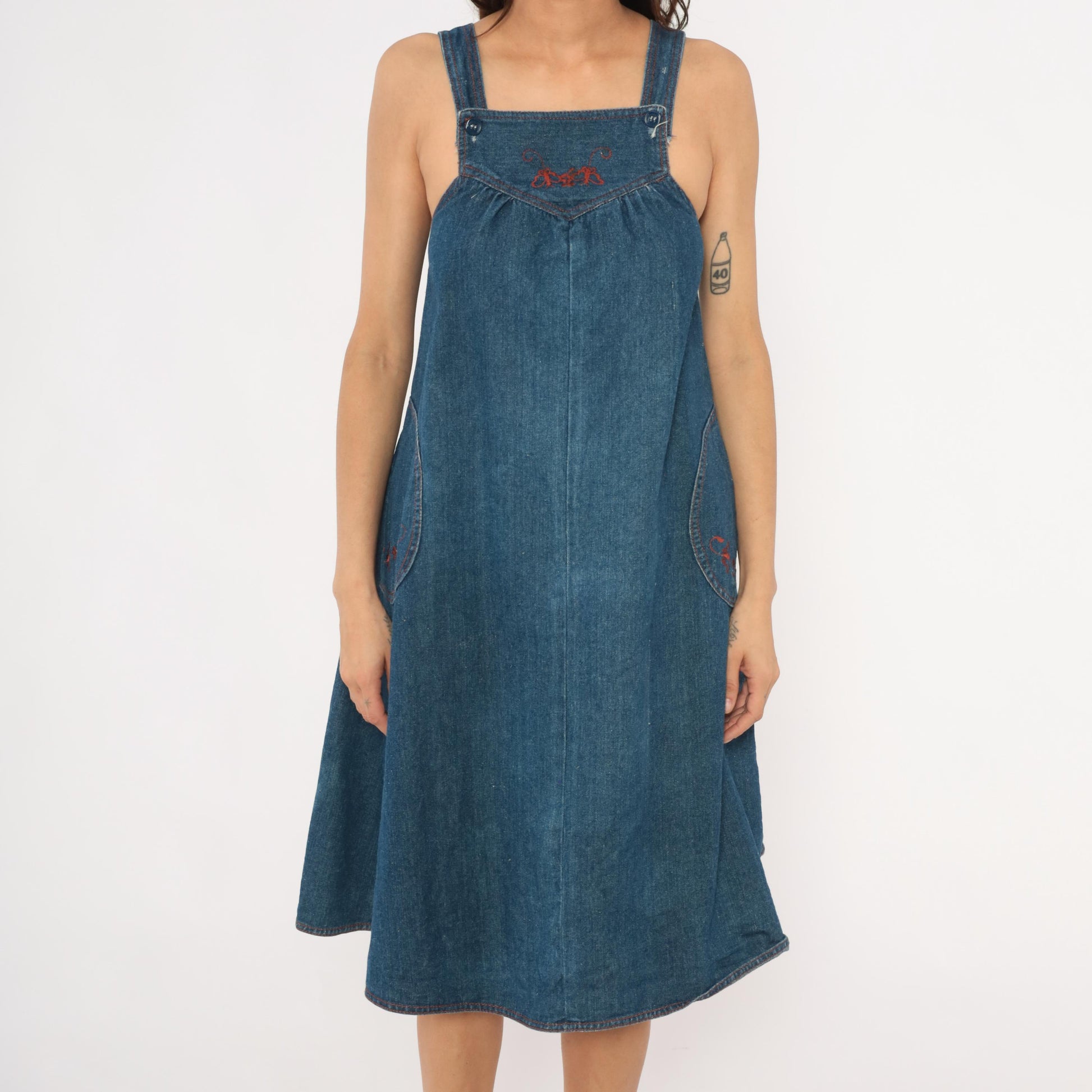 70s Joni Blair Denim Jumper Dress Blue Embroidered Pinafore XS
