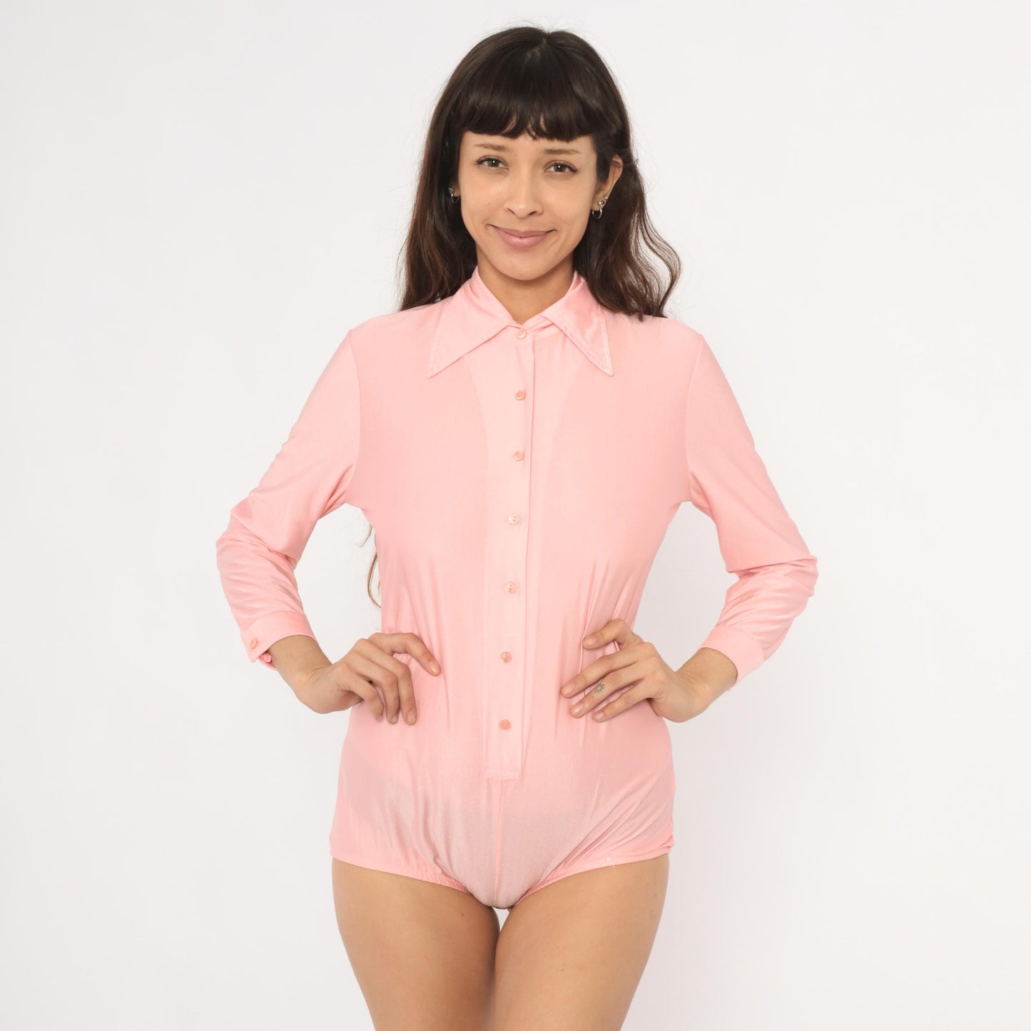 80s Imagnin Pink Bodysuit Blouse Pointed Collar Long Sleeve Large L