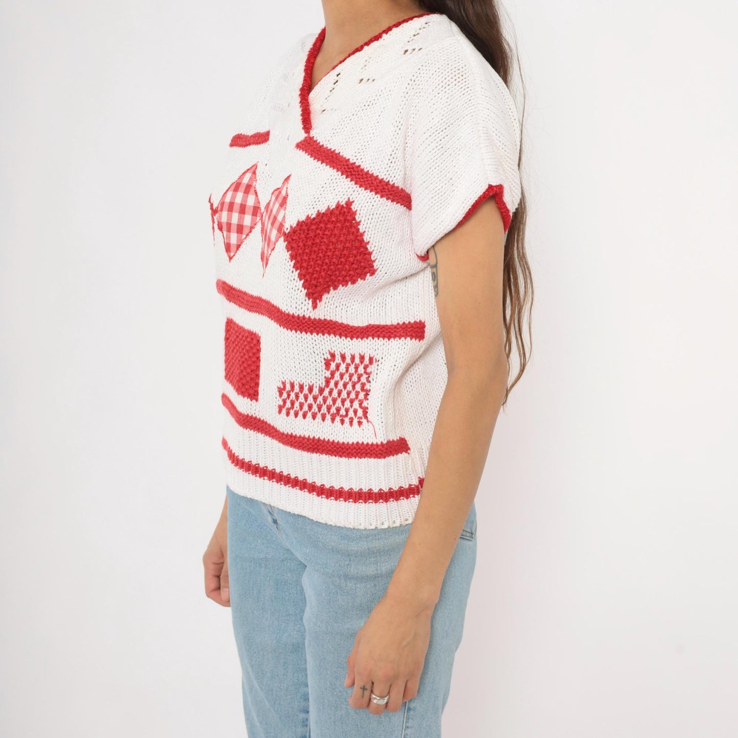 80s SML Sport Gingham Patchwork Knit Top White Red V-Neck Small