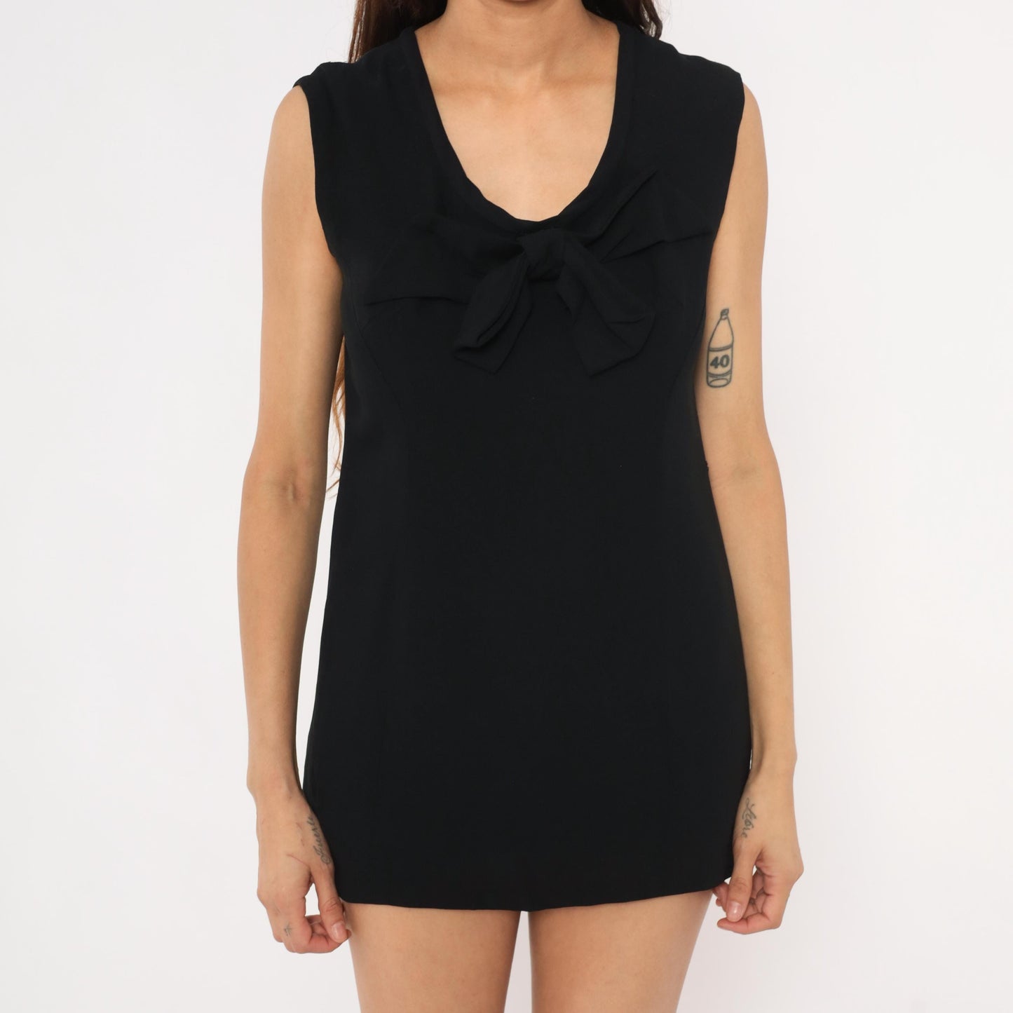 60s Mod Mini Dress Black Bow Front Sleeveless Shift Cocktail Small