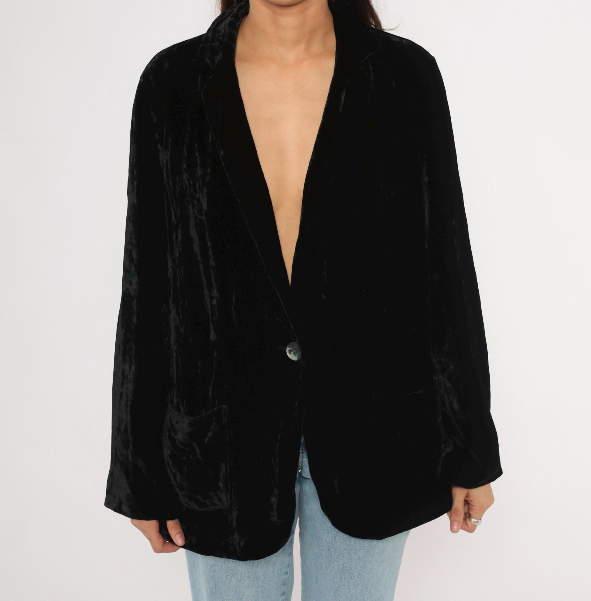 90s J. Jill Black Crushed Velvet Blazer Deep V Single Button Medium