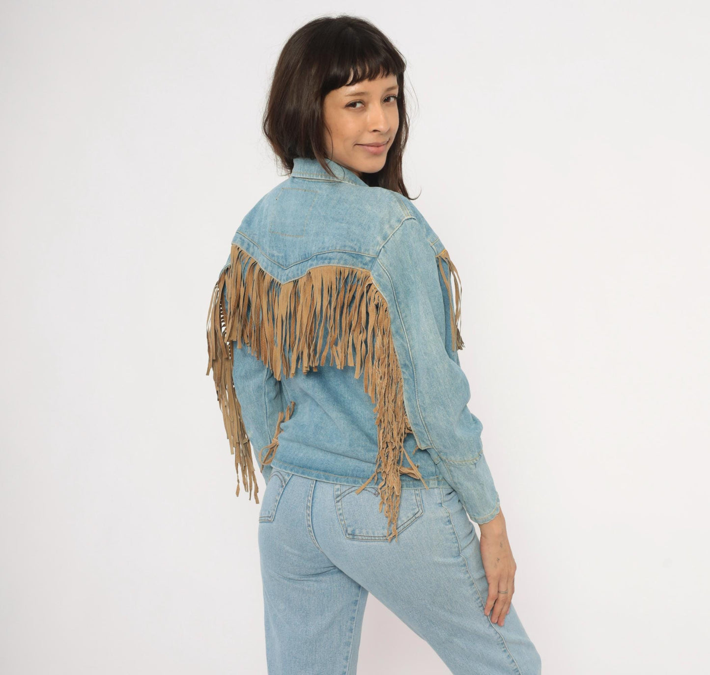 90s Morganwear Denim Jacket Suede Fringe Light Wash Lace-Up Back Medium M