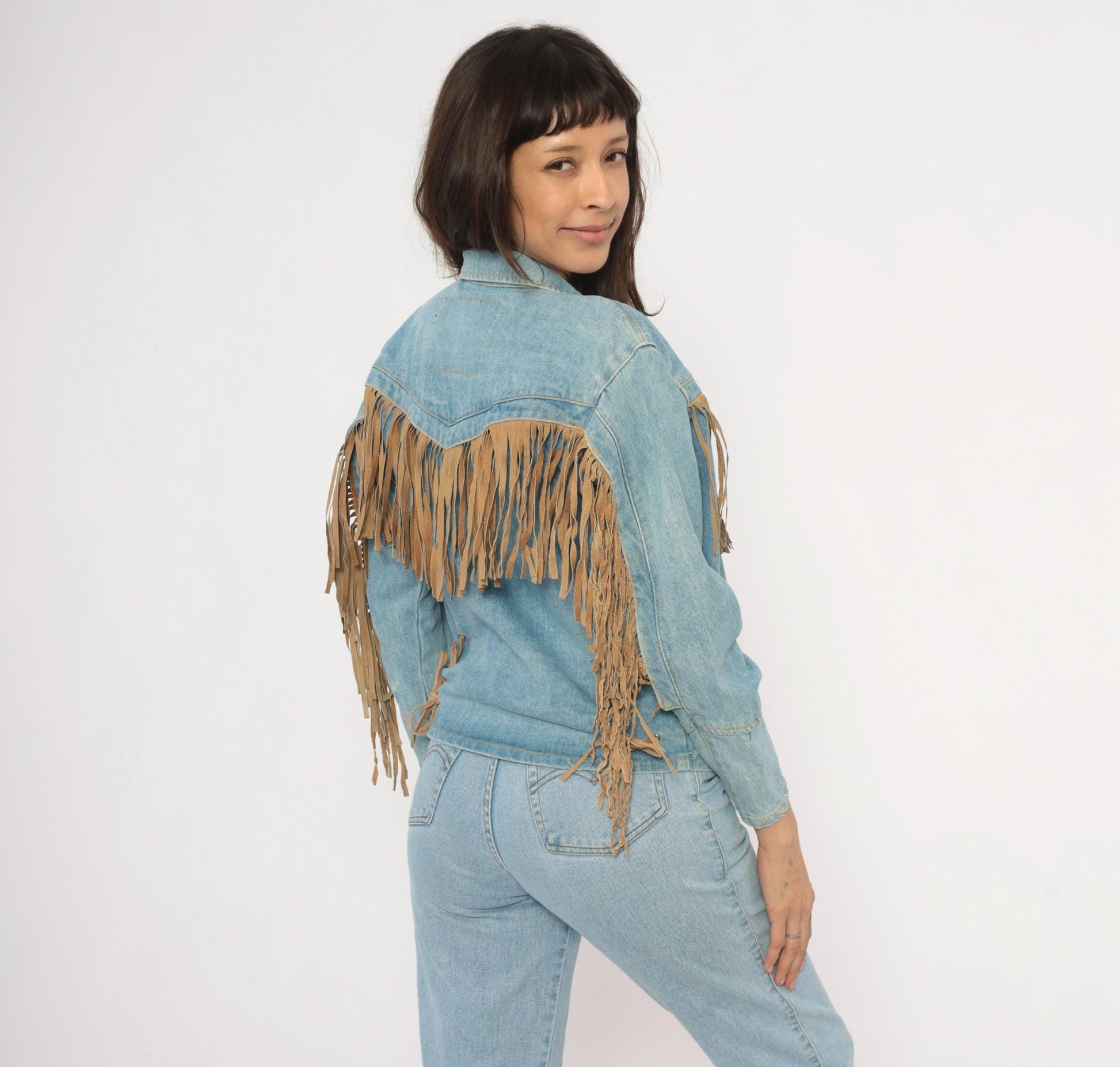 90s Morganwear Denim Jacket Suede Fringe Light Wash Lace-Up Back Medium M