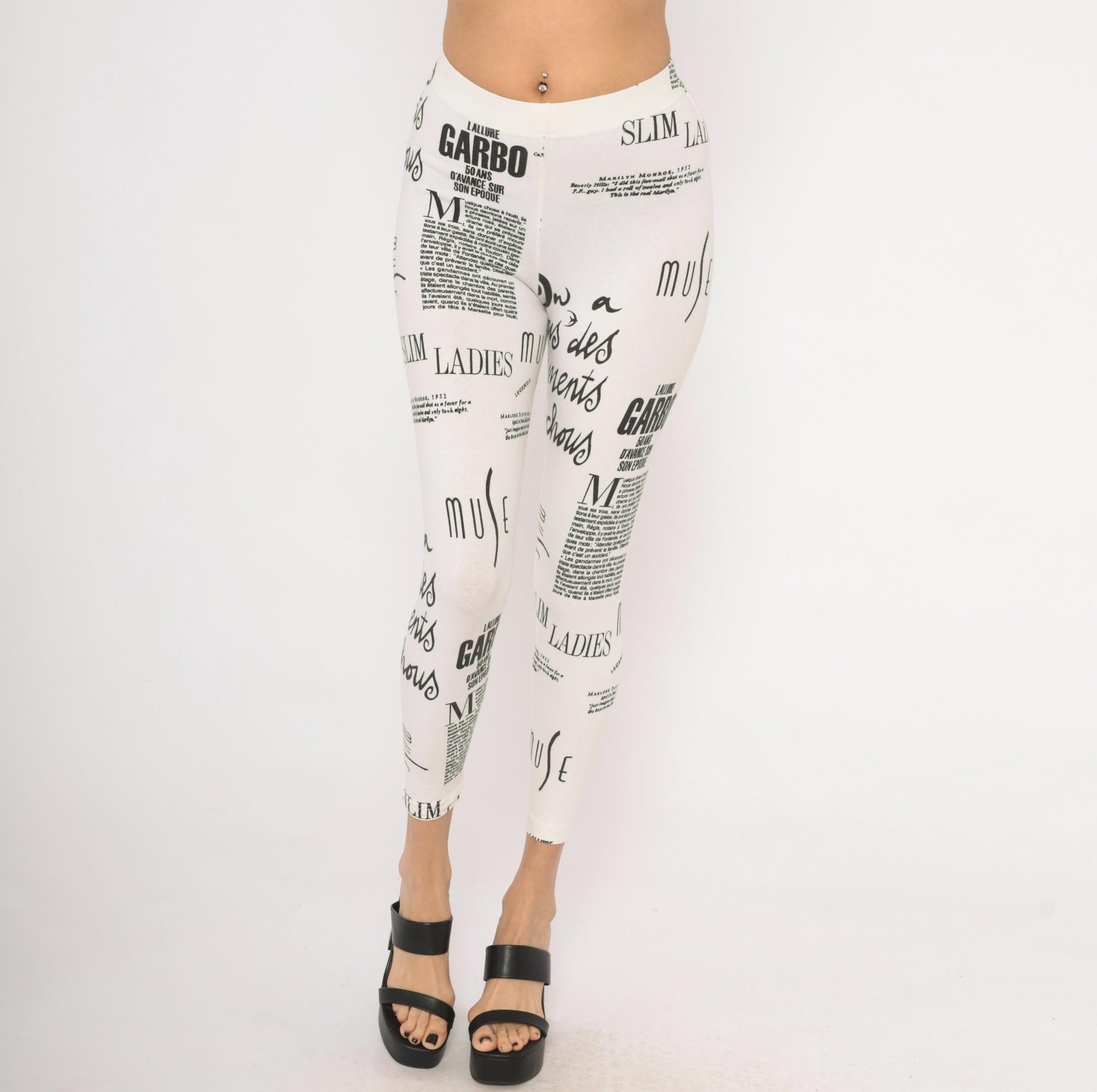 90s The Limited Newspaper Print Leggings Black White French Text XS
