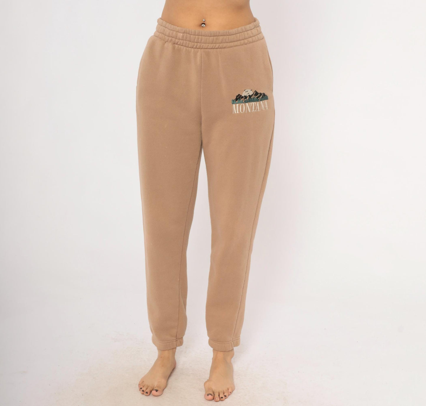 Y2K Montana Embroidered Joggers Tan Fleece Tapered Cuffed Small S