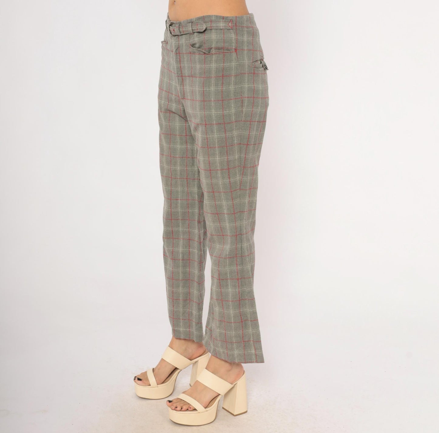 70s Grey Plaid Wool Blend Kick Flare Pants Red Windowpane Low Rise Medium M
