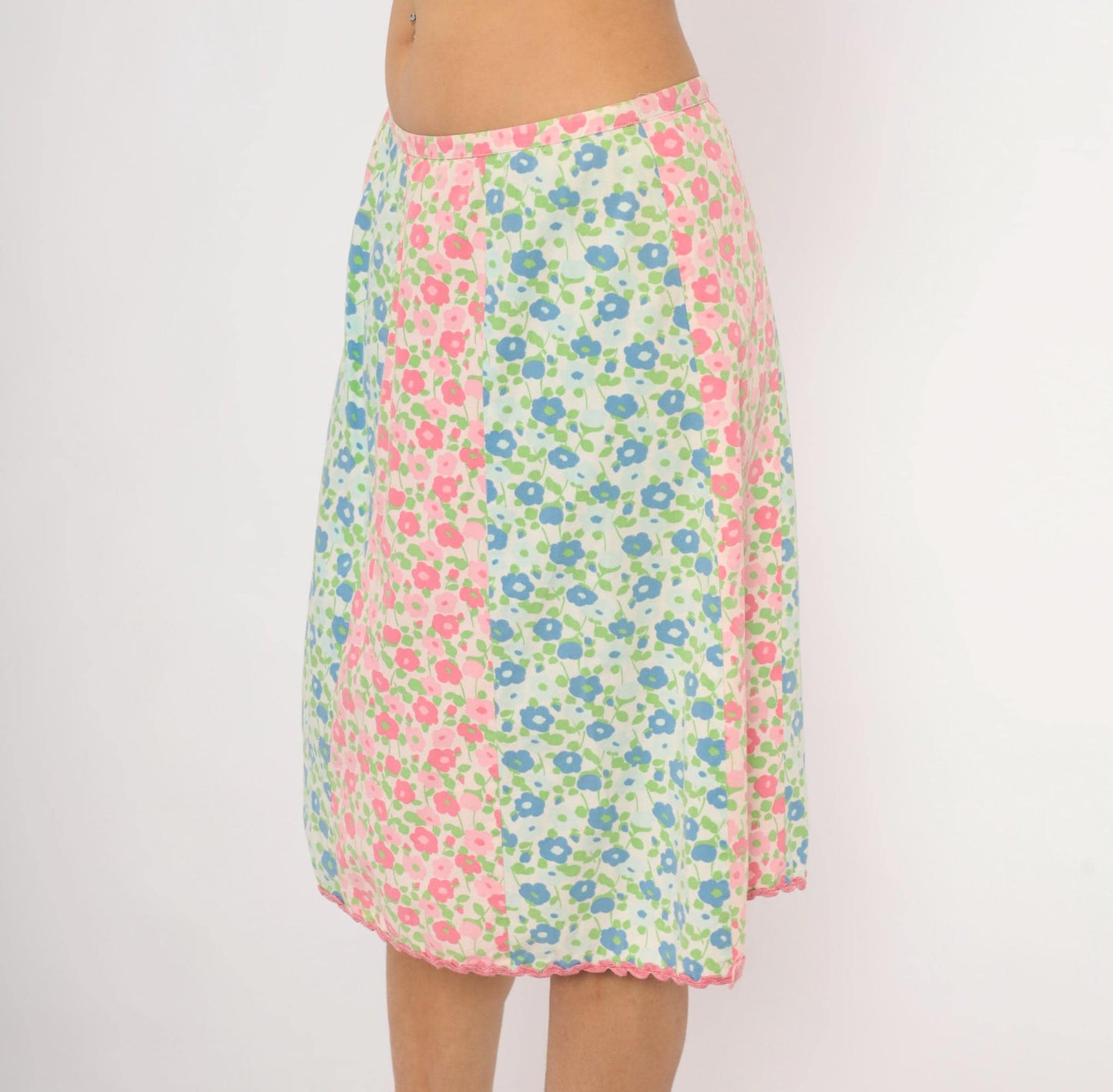 70s Floral A-Line Skirt Pink Blue Green Cotton Knee-Length Large L