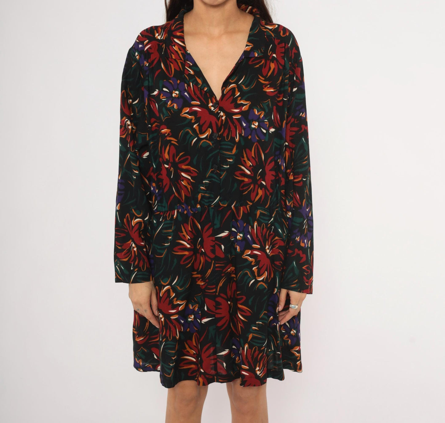 90s Sue Brett Collection Floral Mini Shirt Dress Black Burgundy Extra Large