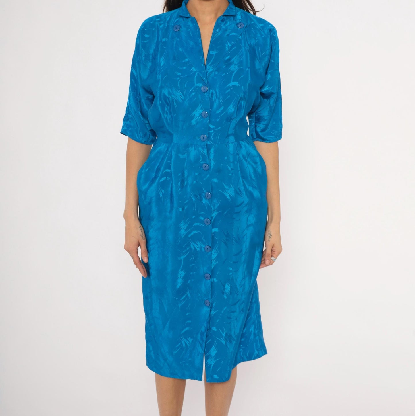 80s Joni Blair Cobalt Jacquard Shirtdress Midi Blue Half Sleeve Small S