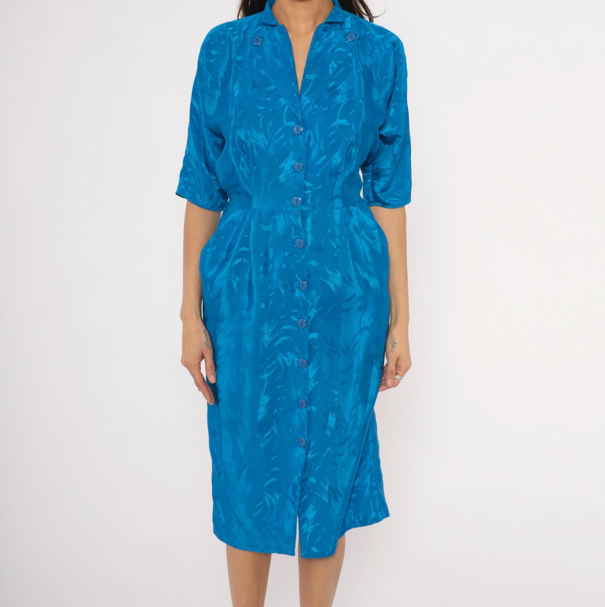 80s Joni Blair Cobalt Jacquard Shirtdress Midi Blue Half Sleeve Small S