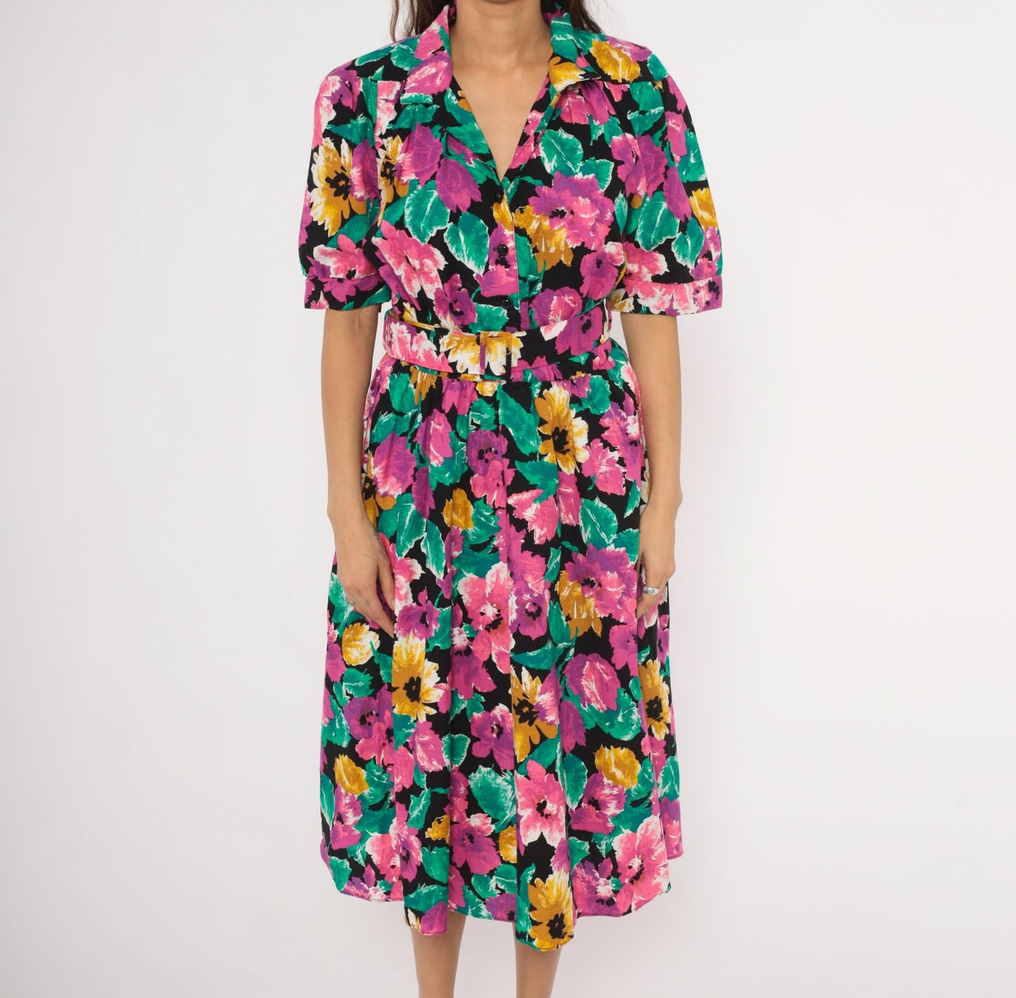 90s Ultra Dress Floral Midi Shirtdress Belted Notch Collar Multicolor Extra Large XL