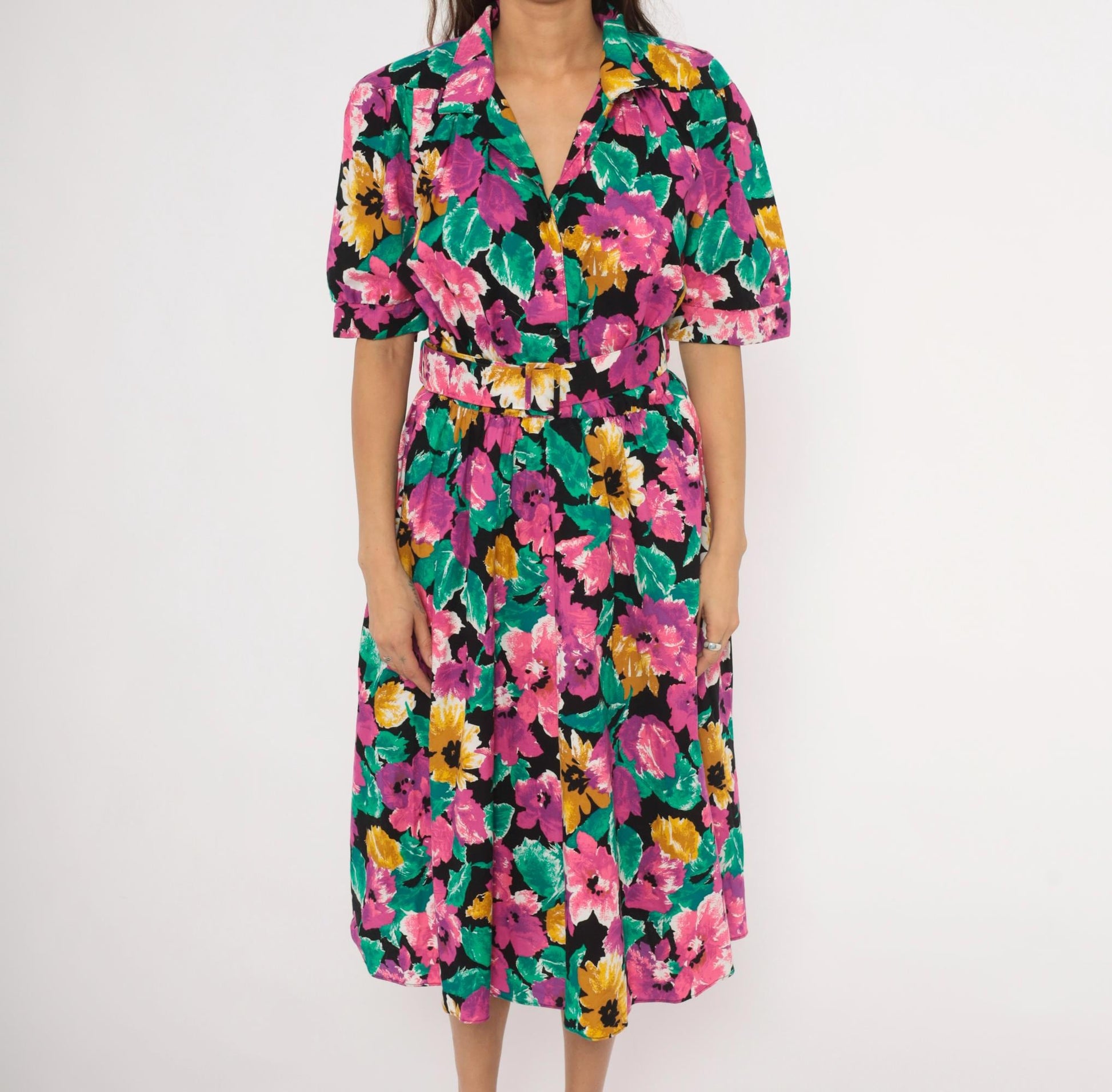 90s Ultra Dress Floral Midi Shirtdress Belted Notch Collar Multicolor Extra Large XL