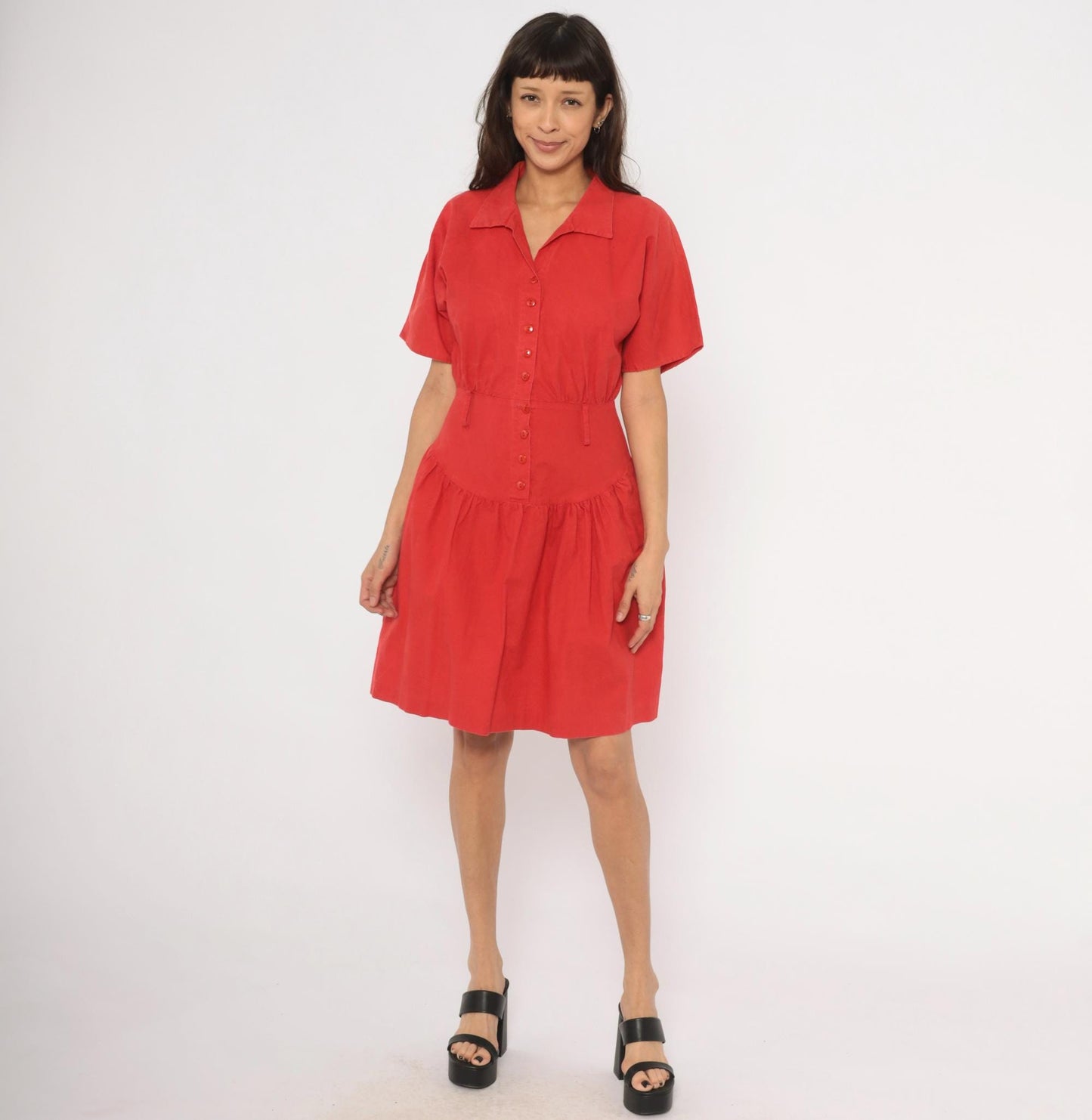 90s Wild Dress Red Cotton Shirtdress Drop Waist Gathered Skirt Medium M