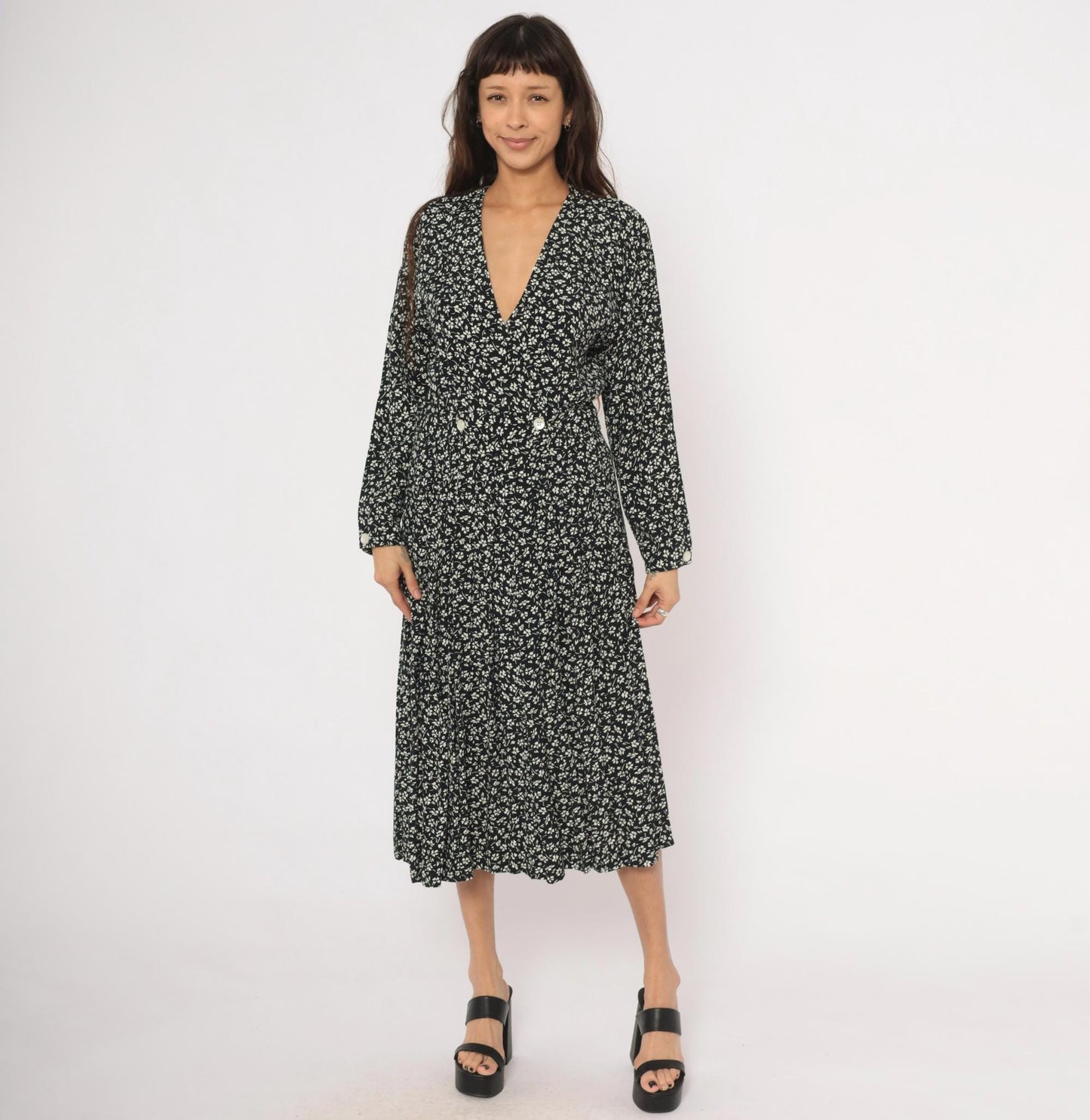 90s Liz Claiborne Black White Floral Midi Dress Double Breasted Large L