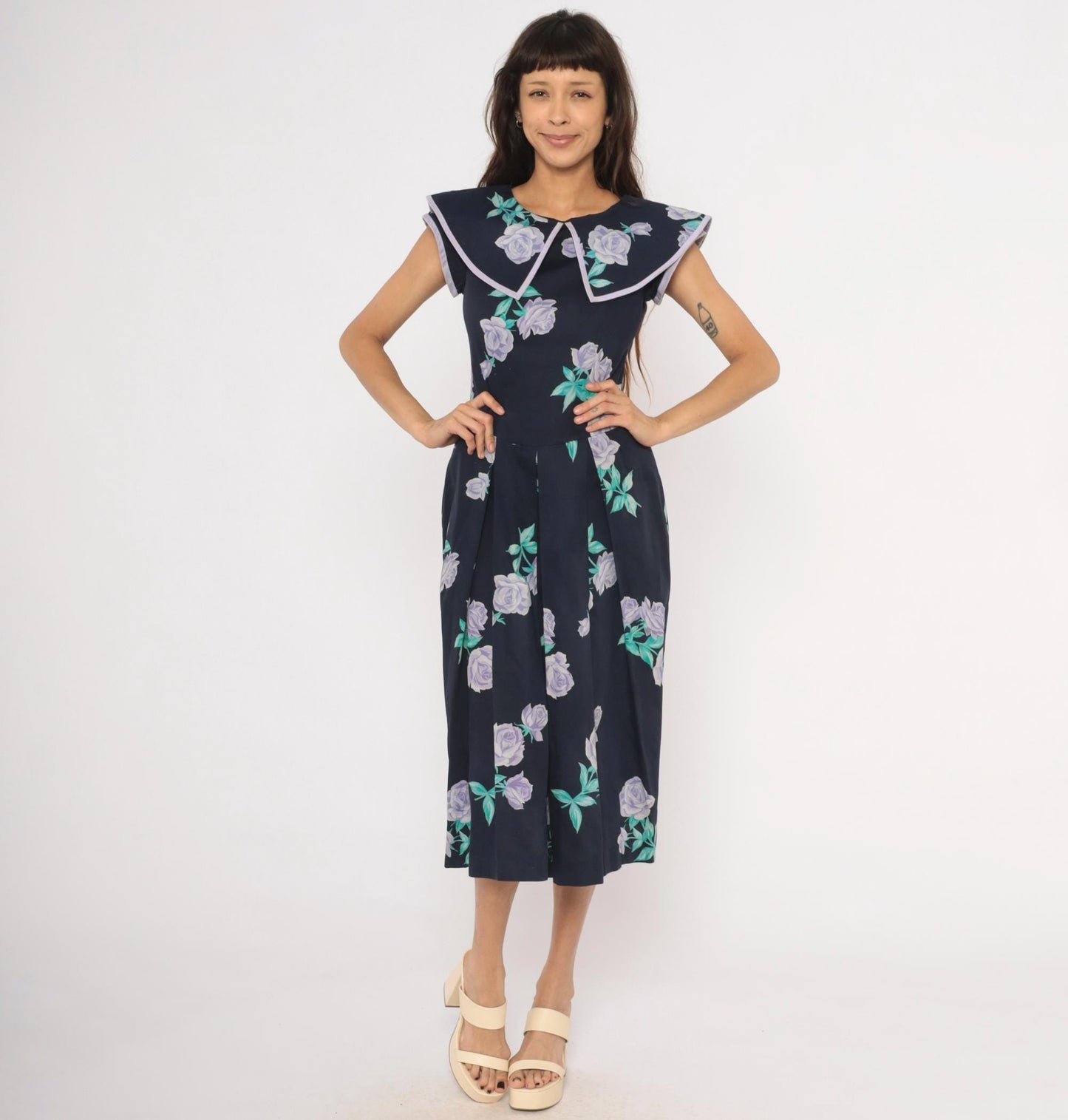 80s Kathryn Conover Floral Midi Dress Sailor Collar Cotton Purple Rose Extra Small XS