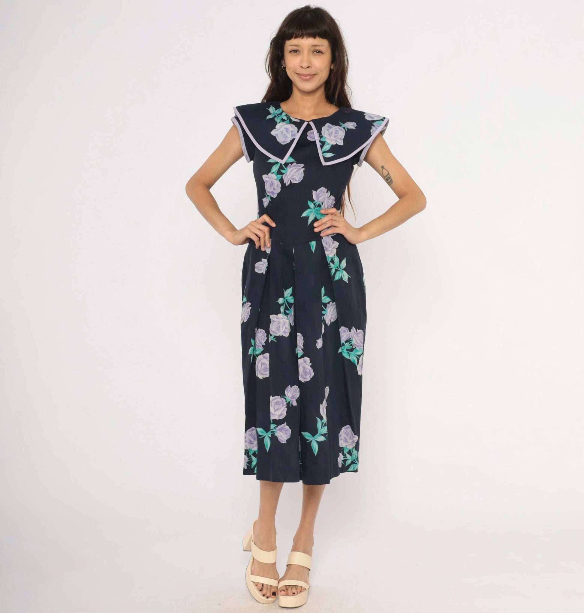 80s Kathryn Conover Floral Midi Dress Sailor Collar Cotton Purple Rose Extra Small XS