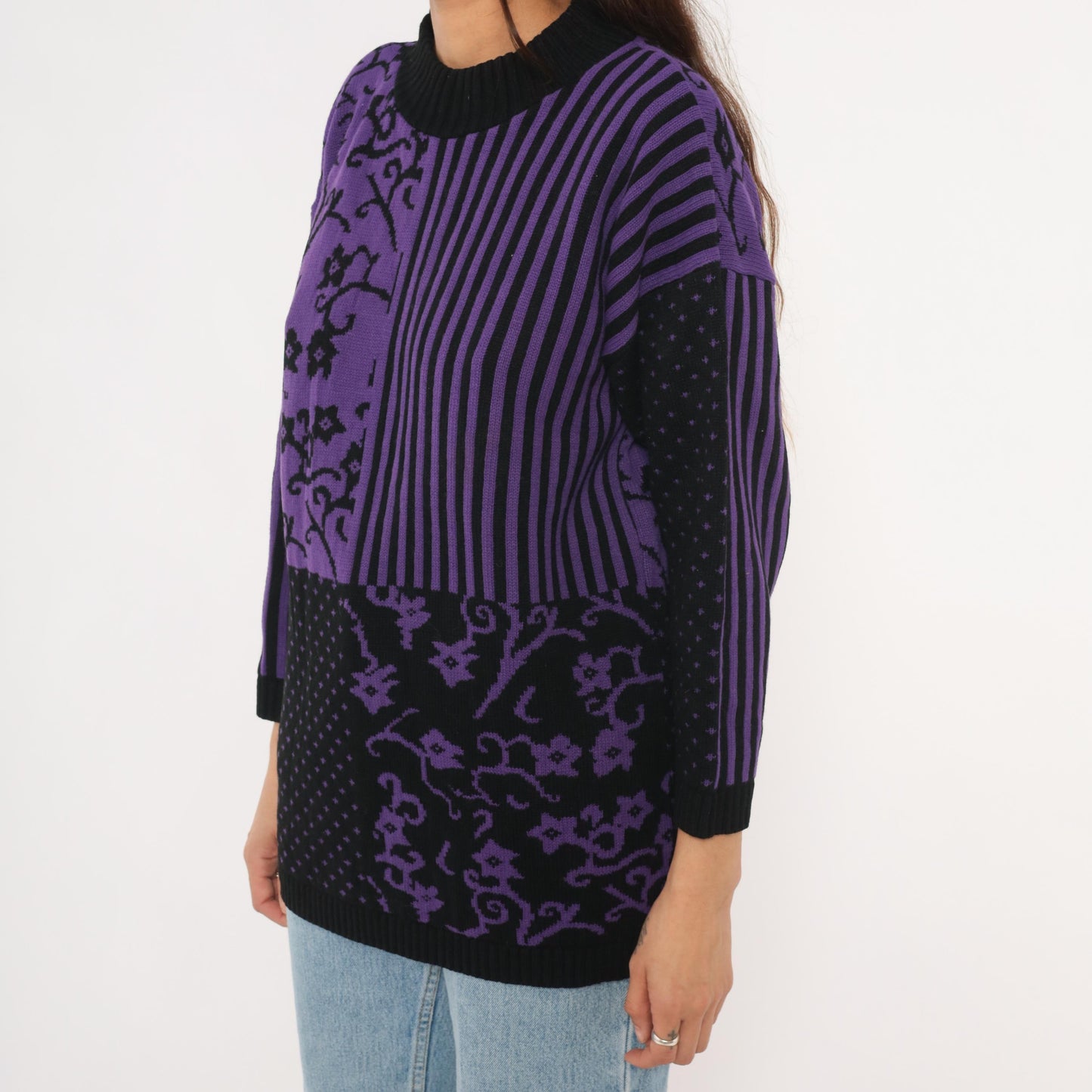 90s Sweater Exchange Purple Mock Neck Knit Patchwork Jacquard Large