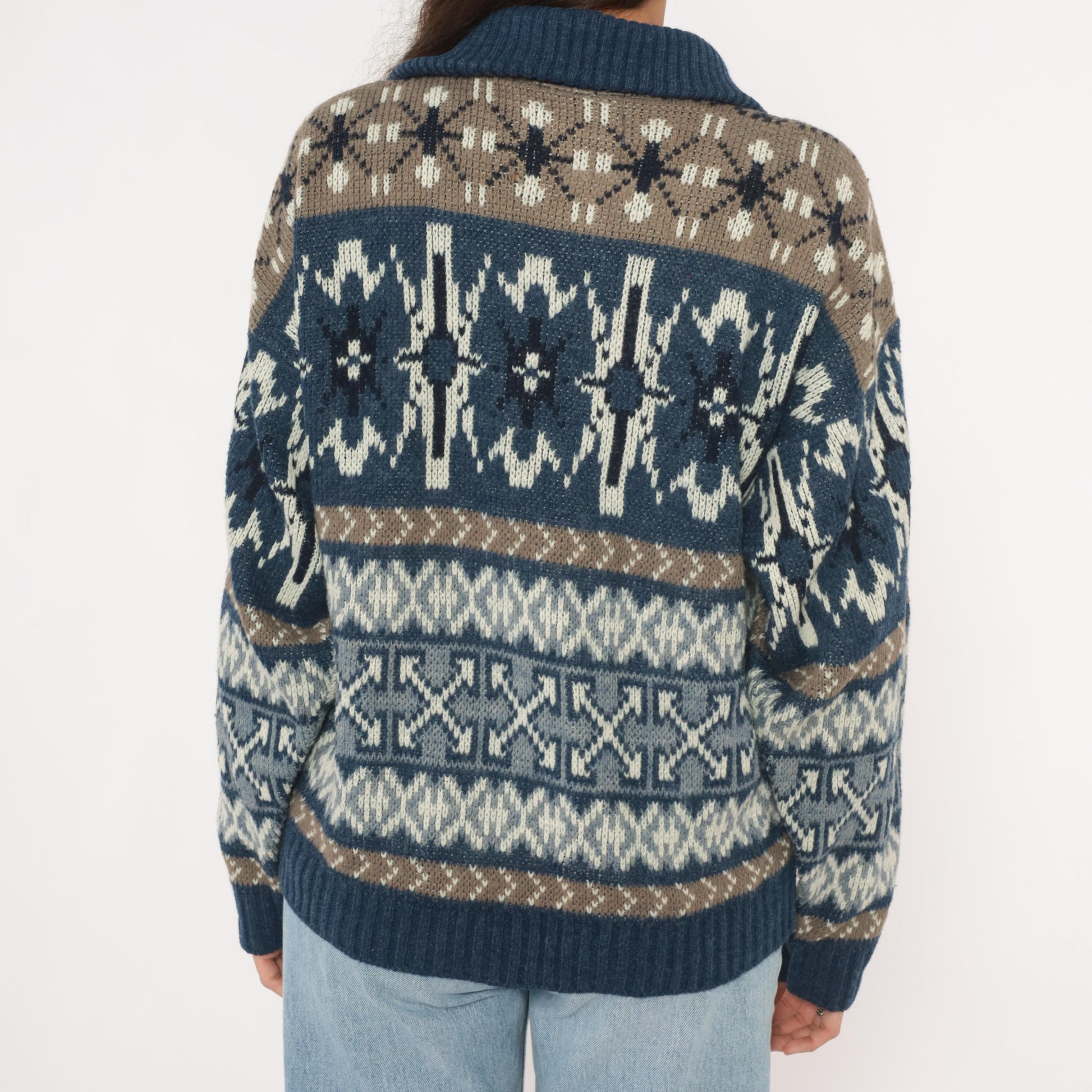 80s London Fog Fair Isle Zip Cardigan Navy Taupe Cream Snowflake Medium