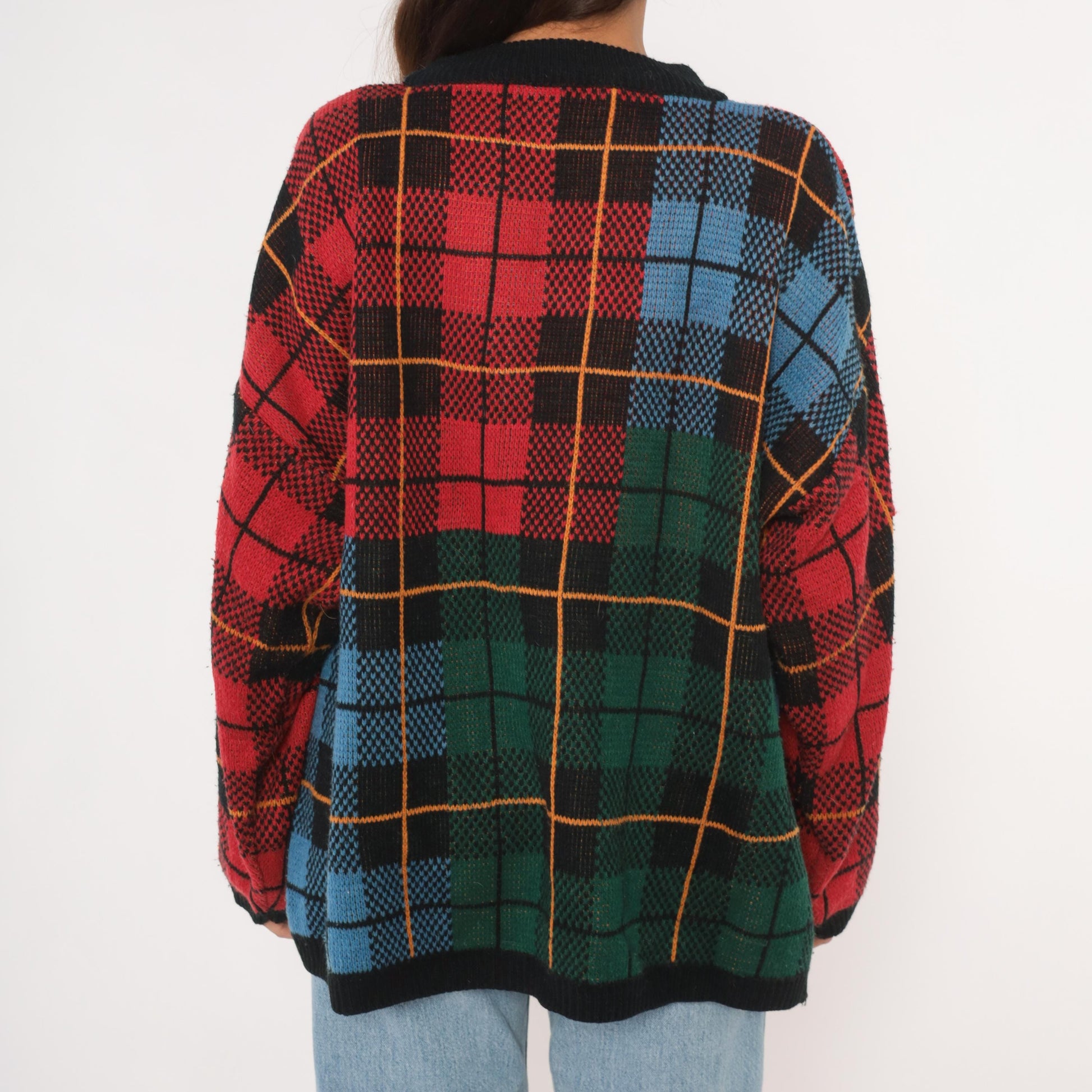 90s Venezia Plaid Knit Pullover Tartan Crewneck Multicolor Extra Large