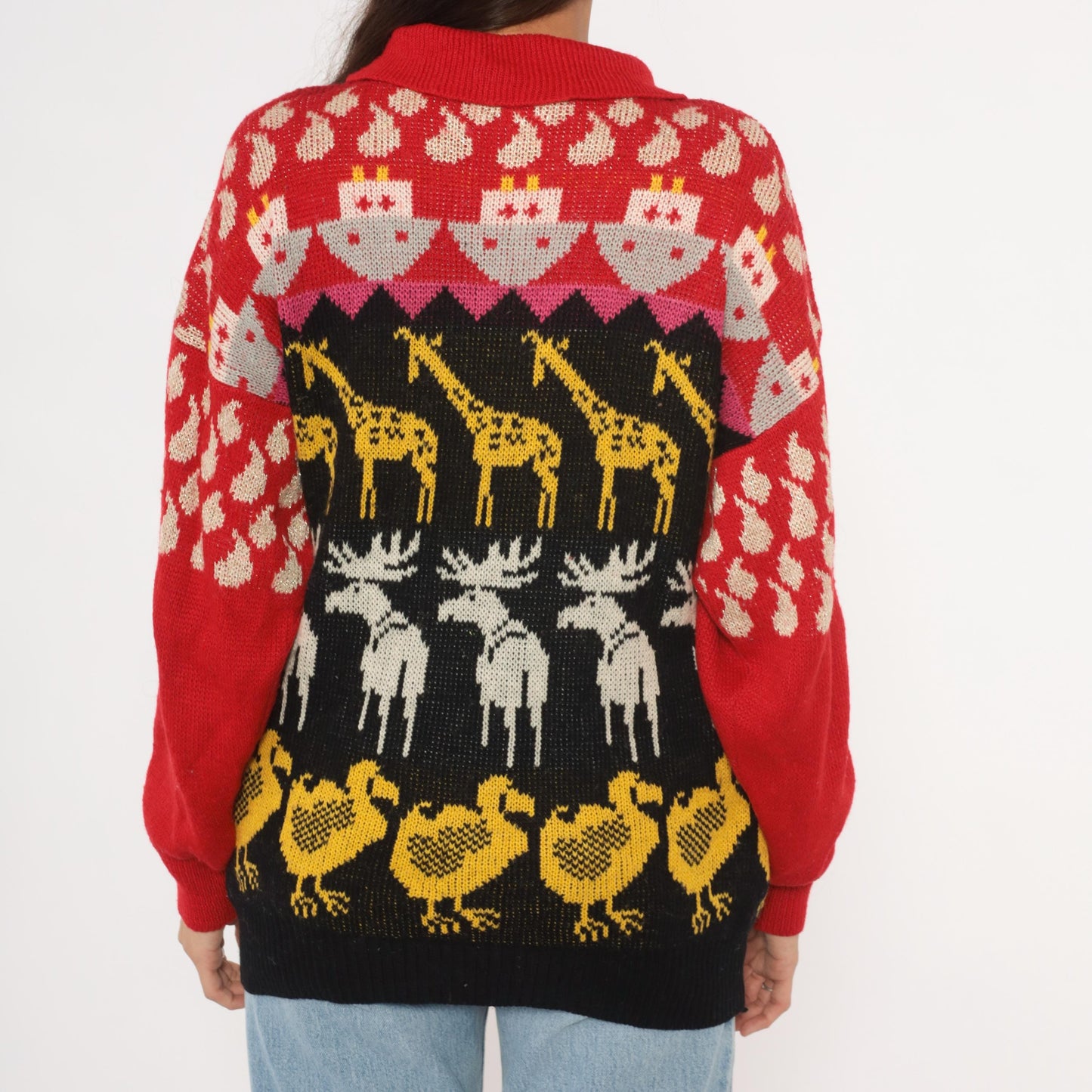 90s Animal Intarsia Knit Sweater Red Black Giraffe Moose Duck Collared Henley Medium M