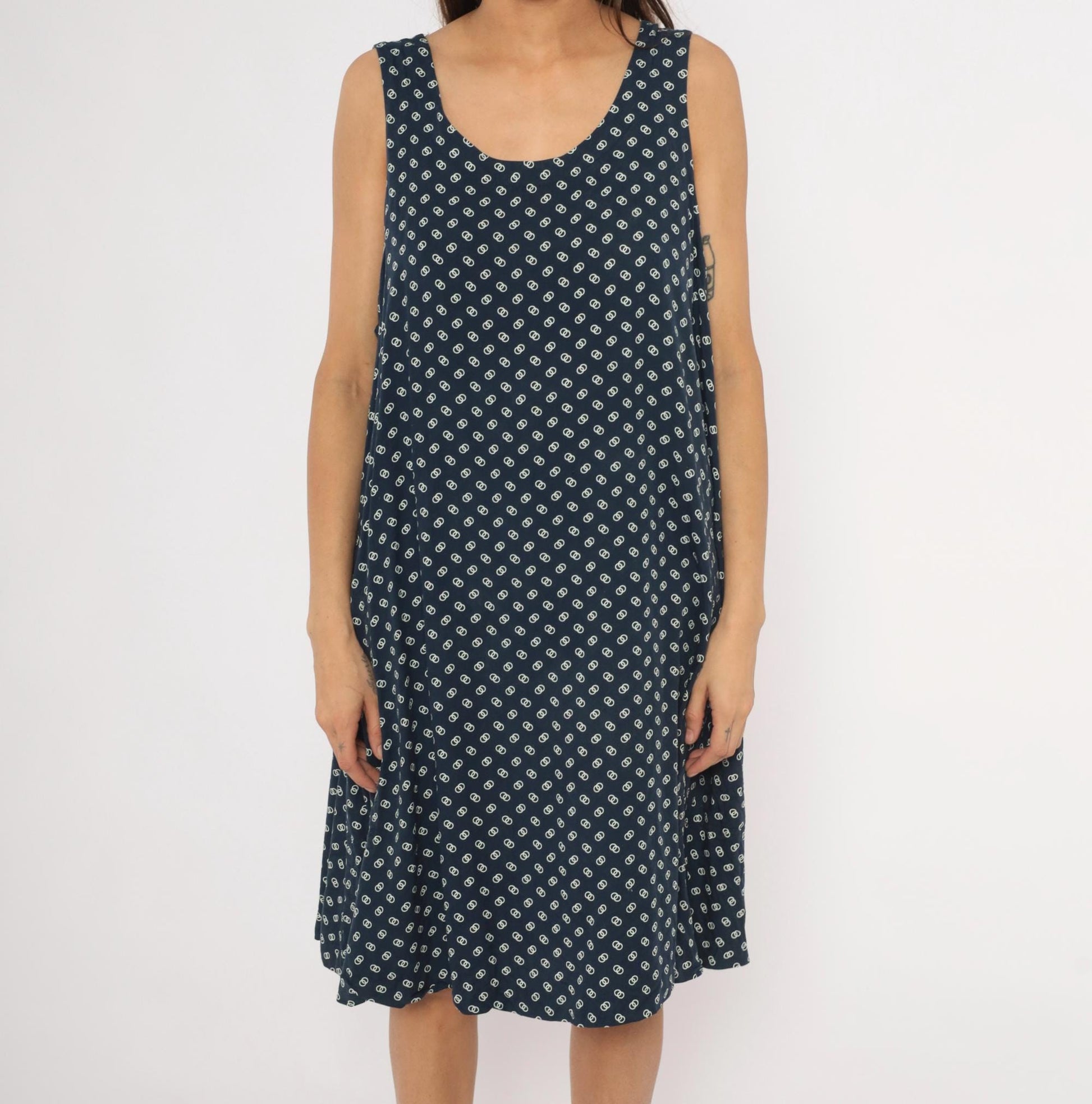 80s Steena Navy Sundress White Geometric Print Cotton Knee-Length Large L