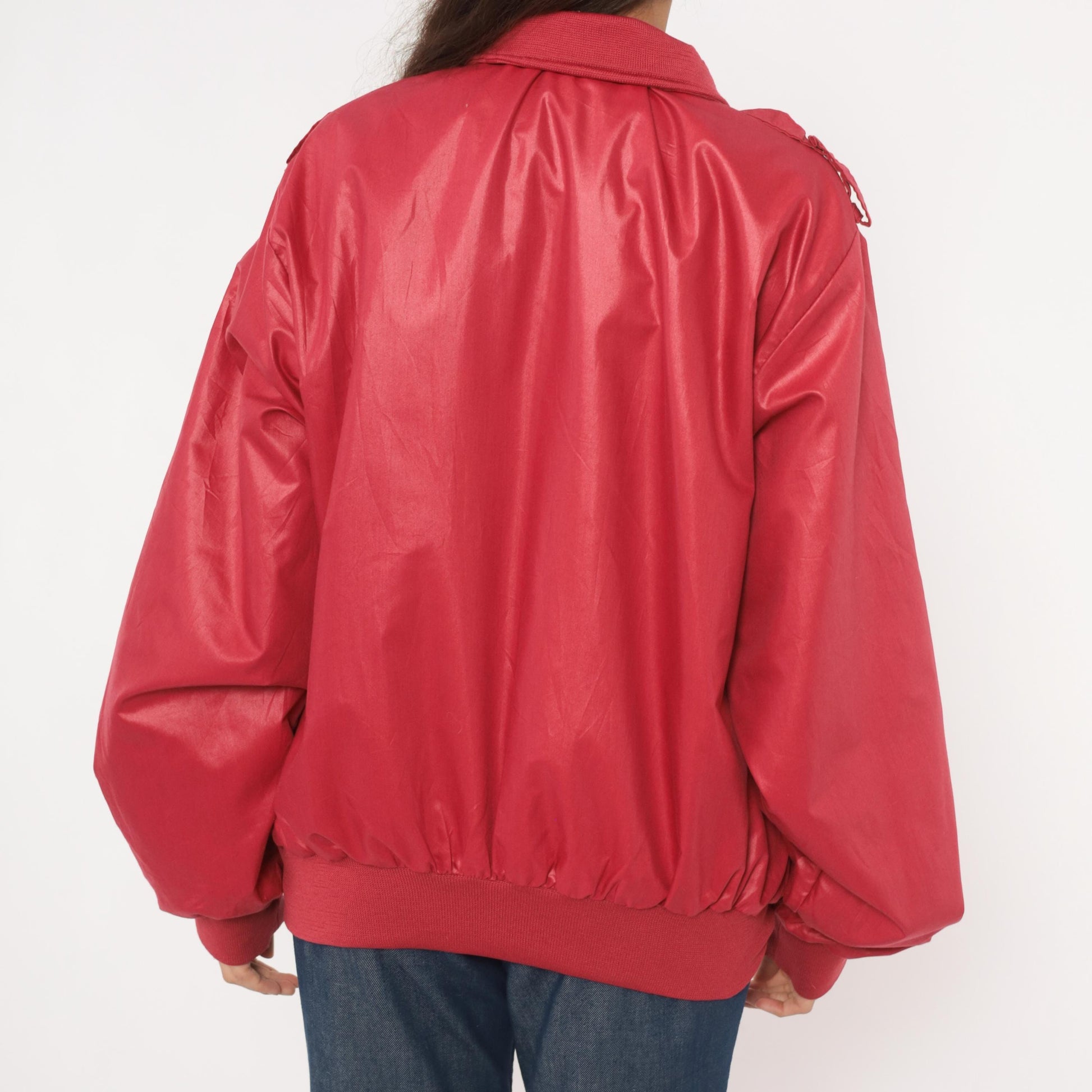 80s Raspberry Bomber Jacket Four Seasons Zip Front Windbreaker Shoulder Tabs Large L