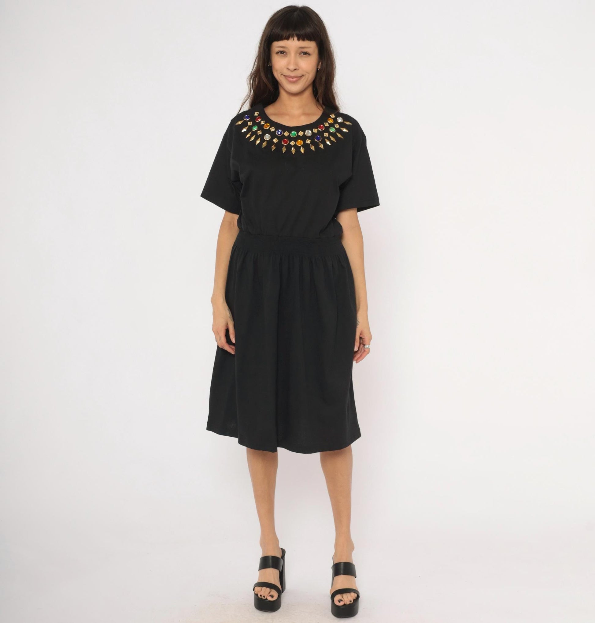 90s Cervelle Black Knee-Length Dress Rhinestone Jeweled Neckline Cotton Large L