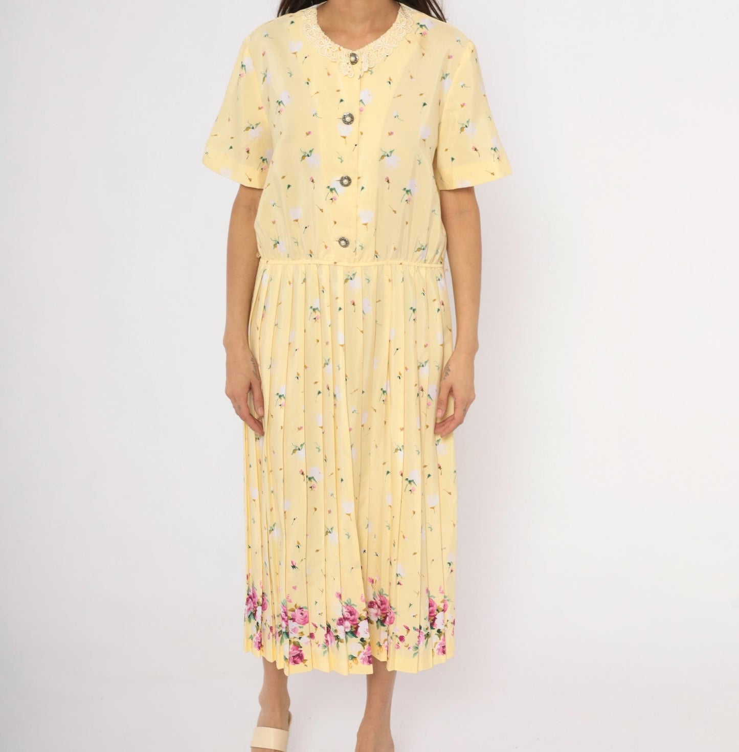 80s Leslie Fay Butter Yellow Floral Midi Dress Lace Collar Pleated Skirt Large L