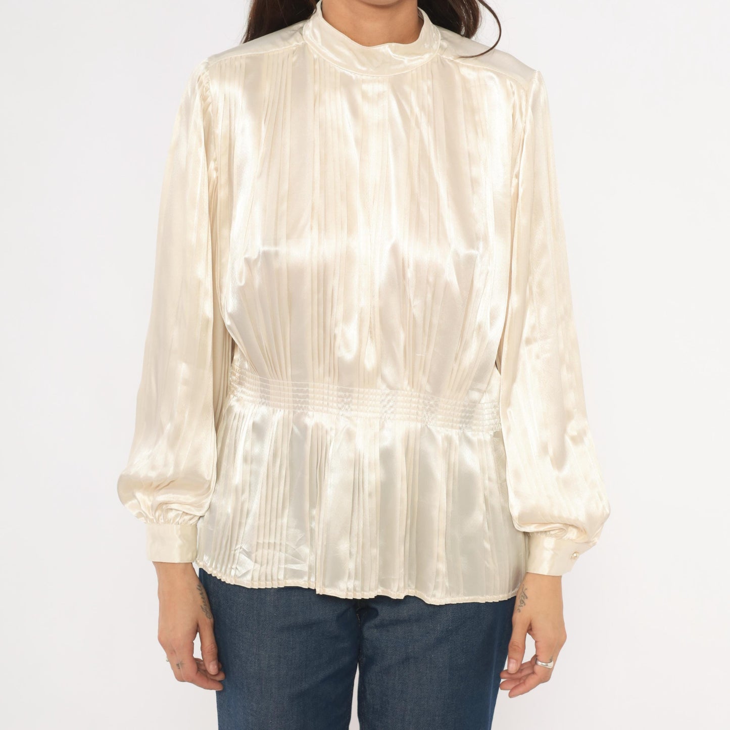 80s Nilani Ivory Satin Blouse Peplum High Neck Bishop Sleeve Small