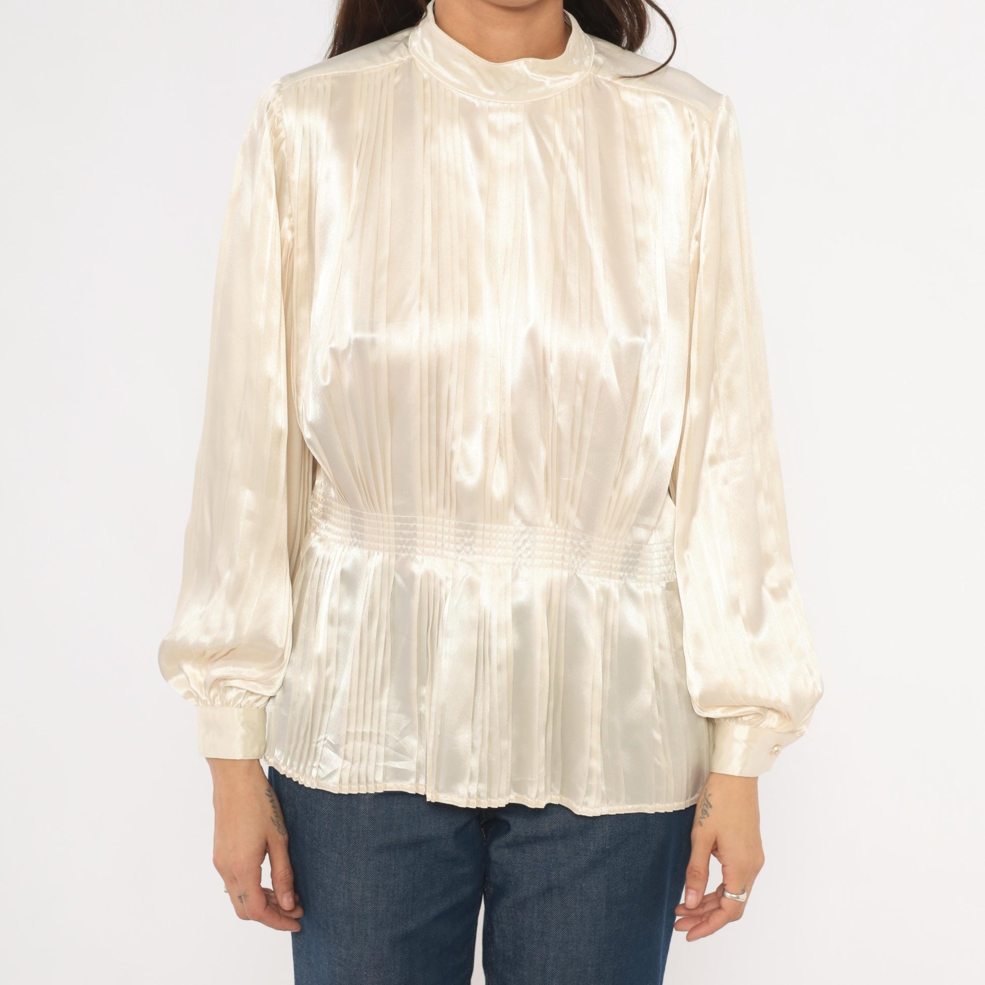 80s Nilani Ivory Satin Blouse Peplum High Neck Bishop Sleeve Small