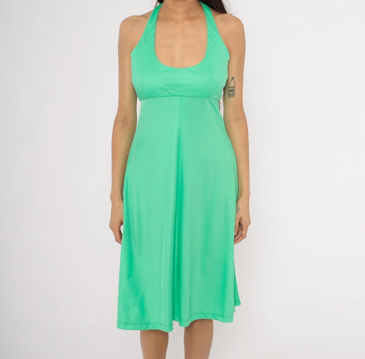70s Joan Leslie Mint Green Halter Sundress Open Back Tie Neck Medium M
