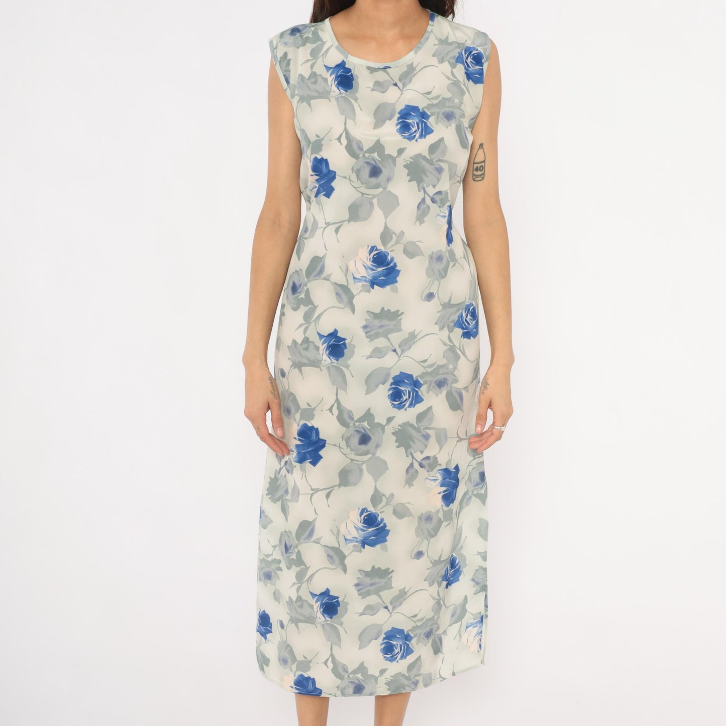 90s Steps Blue Rose Watercolor Midi Dress Ivory Chiffon Cap Sleeve Small S