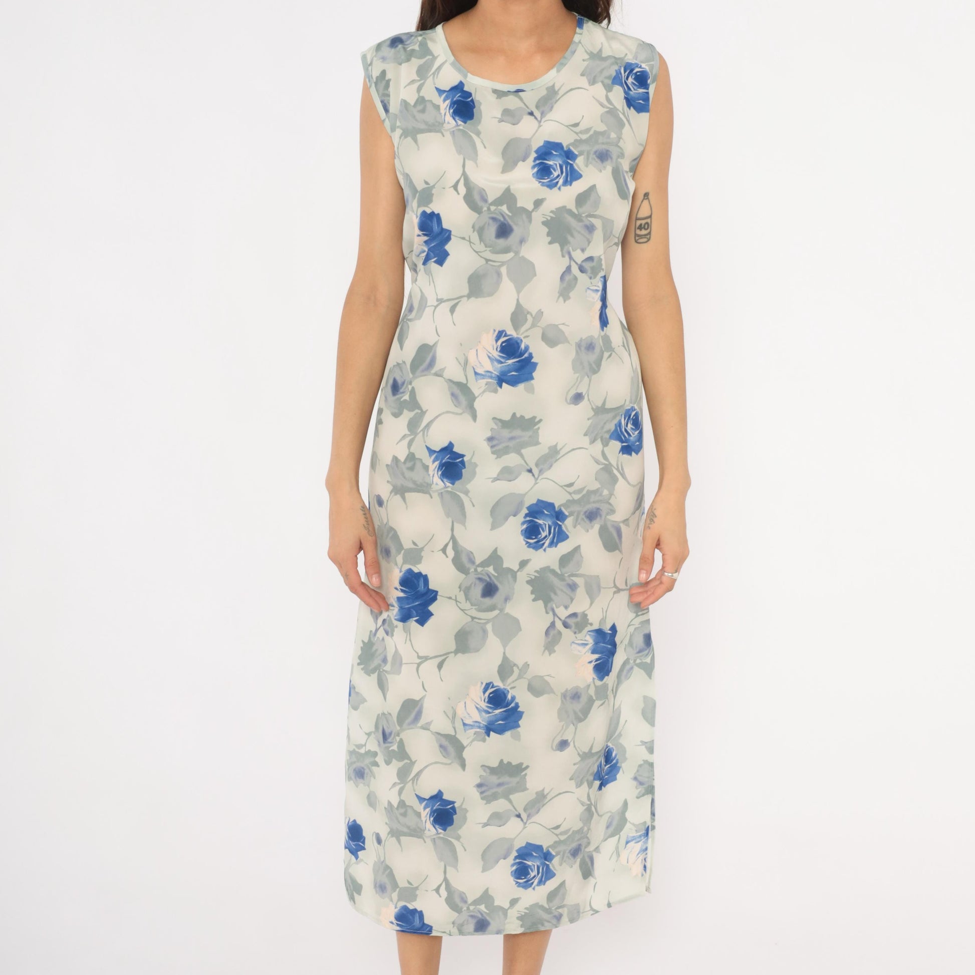 90s Steps Blue Rose Watercolor Midi Dress Ivory Chiffon Cap Sleeve Small S