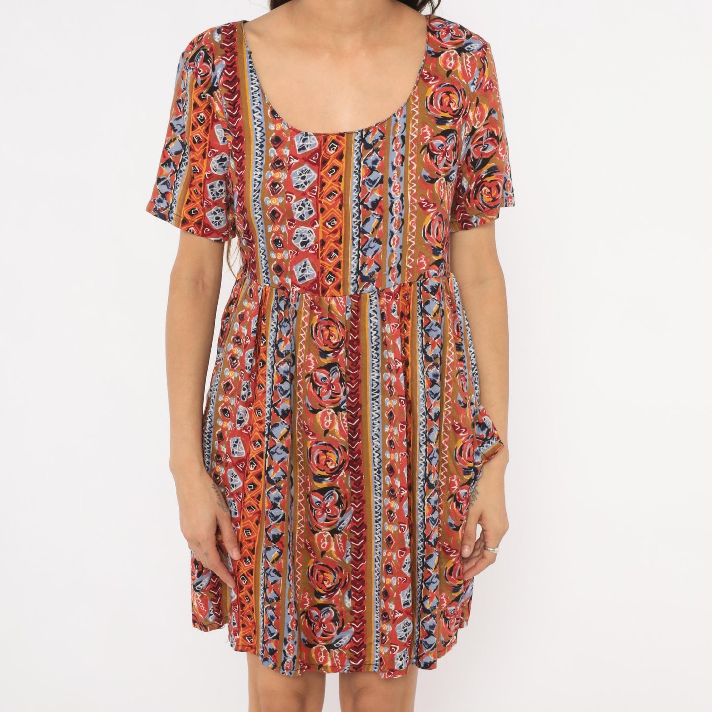 90s Pellini Babydoll Mini Dress Tribal Floral Stripe Rust Blue Small