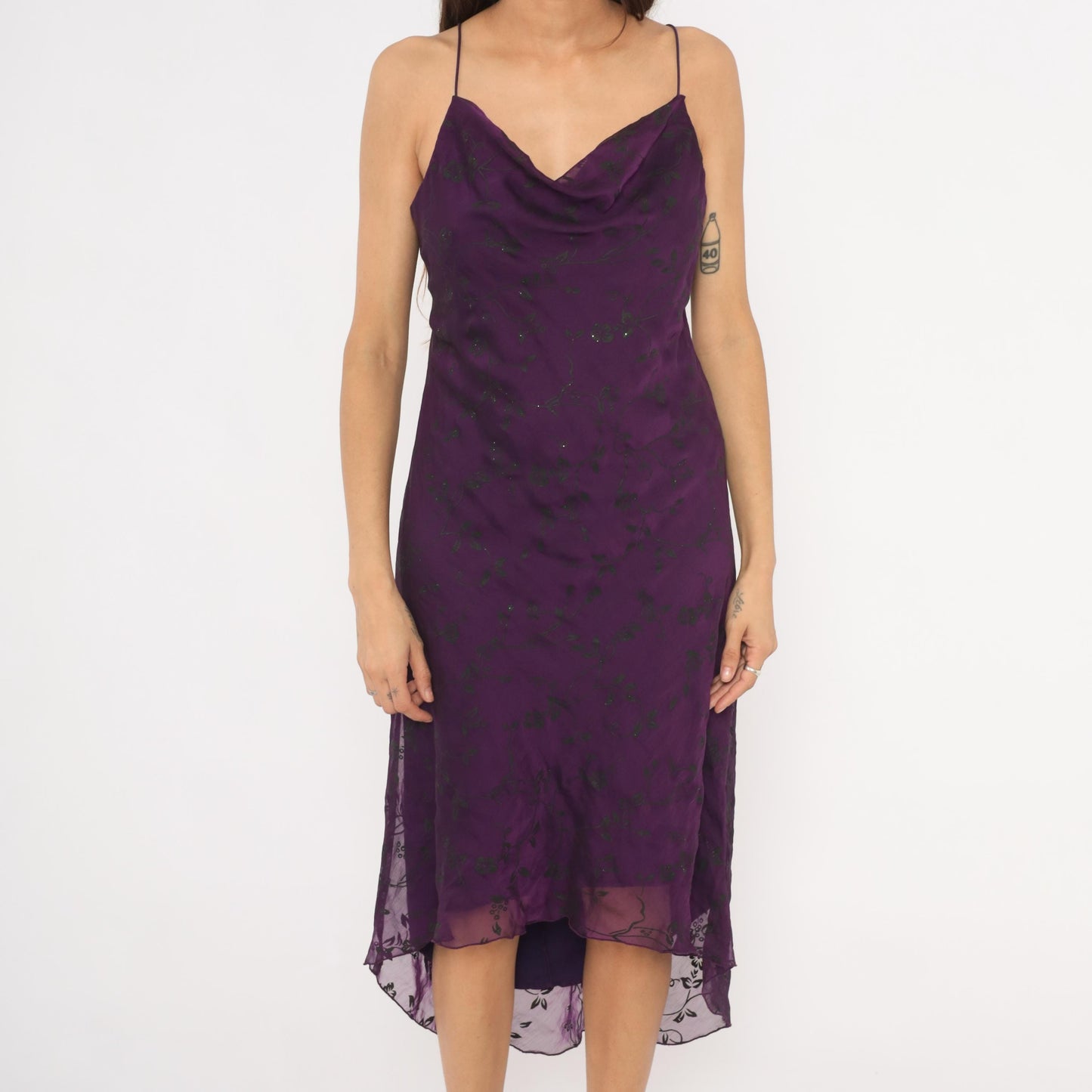 Y2K Purple Cowl Neck Slip Dress Floral Chiffon Overlay Spaghetti Strap Extra Large XL