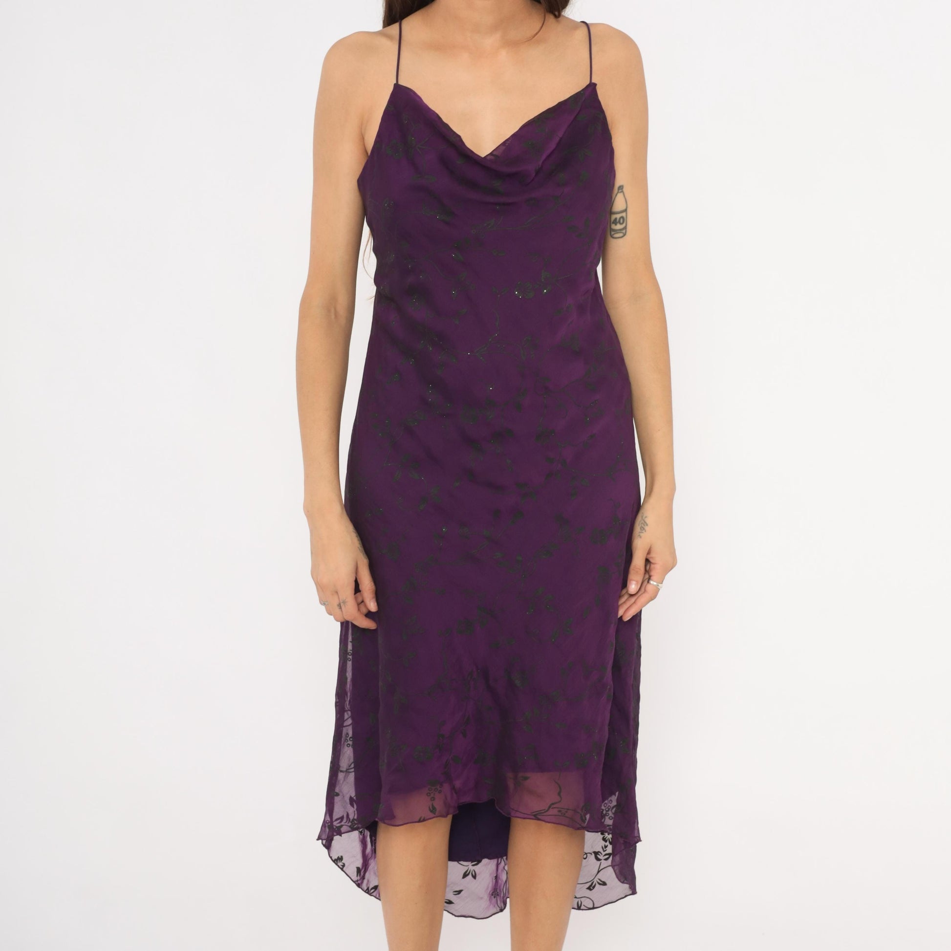 Y2K Purple Cowl Neck Slip Dress Floral Chiffon Overlay Spaghetti Strap Extra Large XL