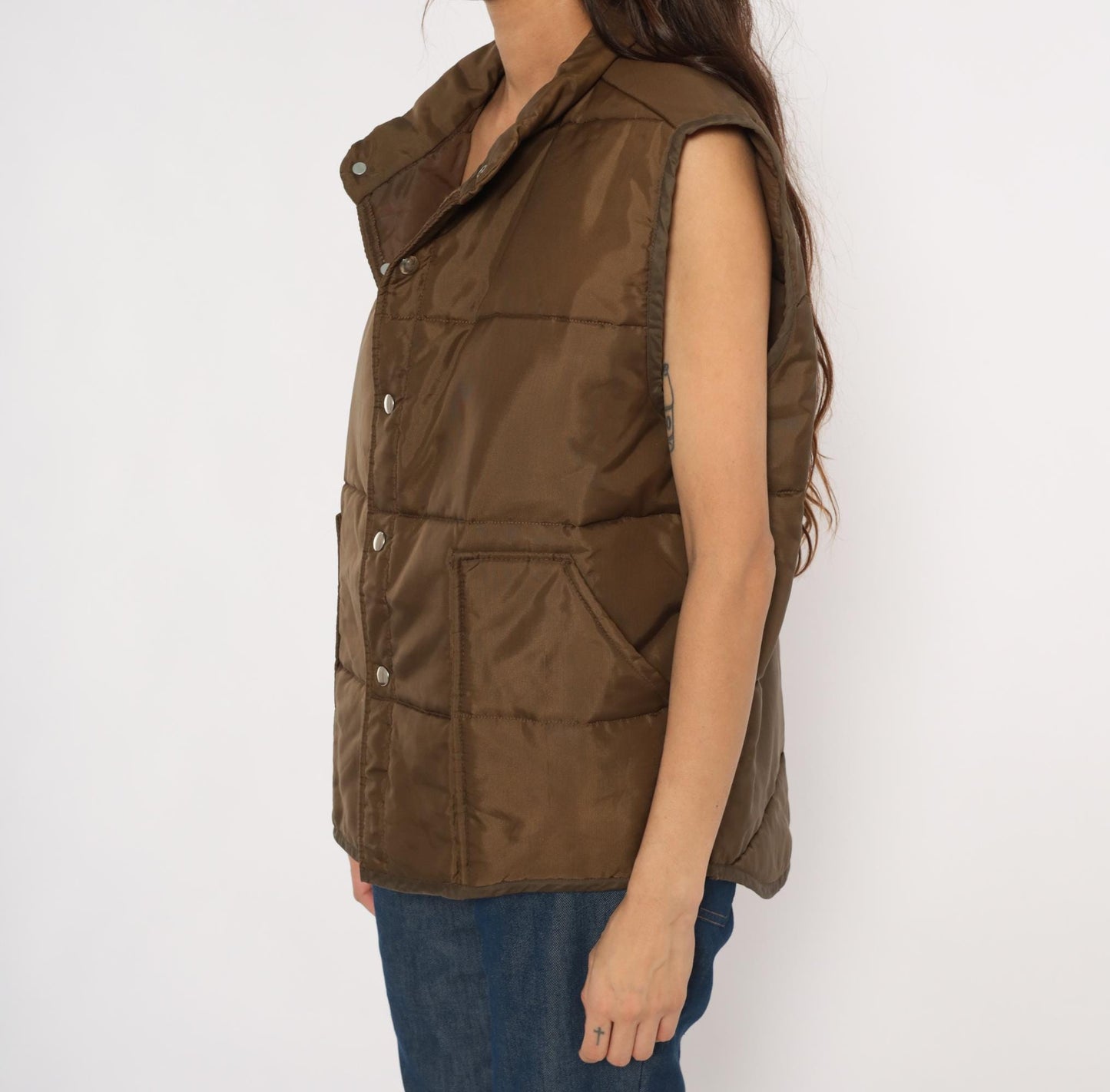 80s Brown Quilted Puffer Vest Snap Front Sleeveless Jacket Large L