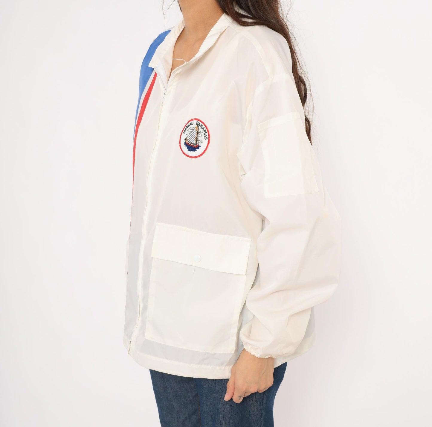 80s Club Nautique Windbreaker White Nylon Nassau Bahamas Sailing Patch Medium