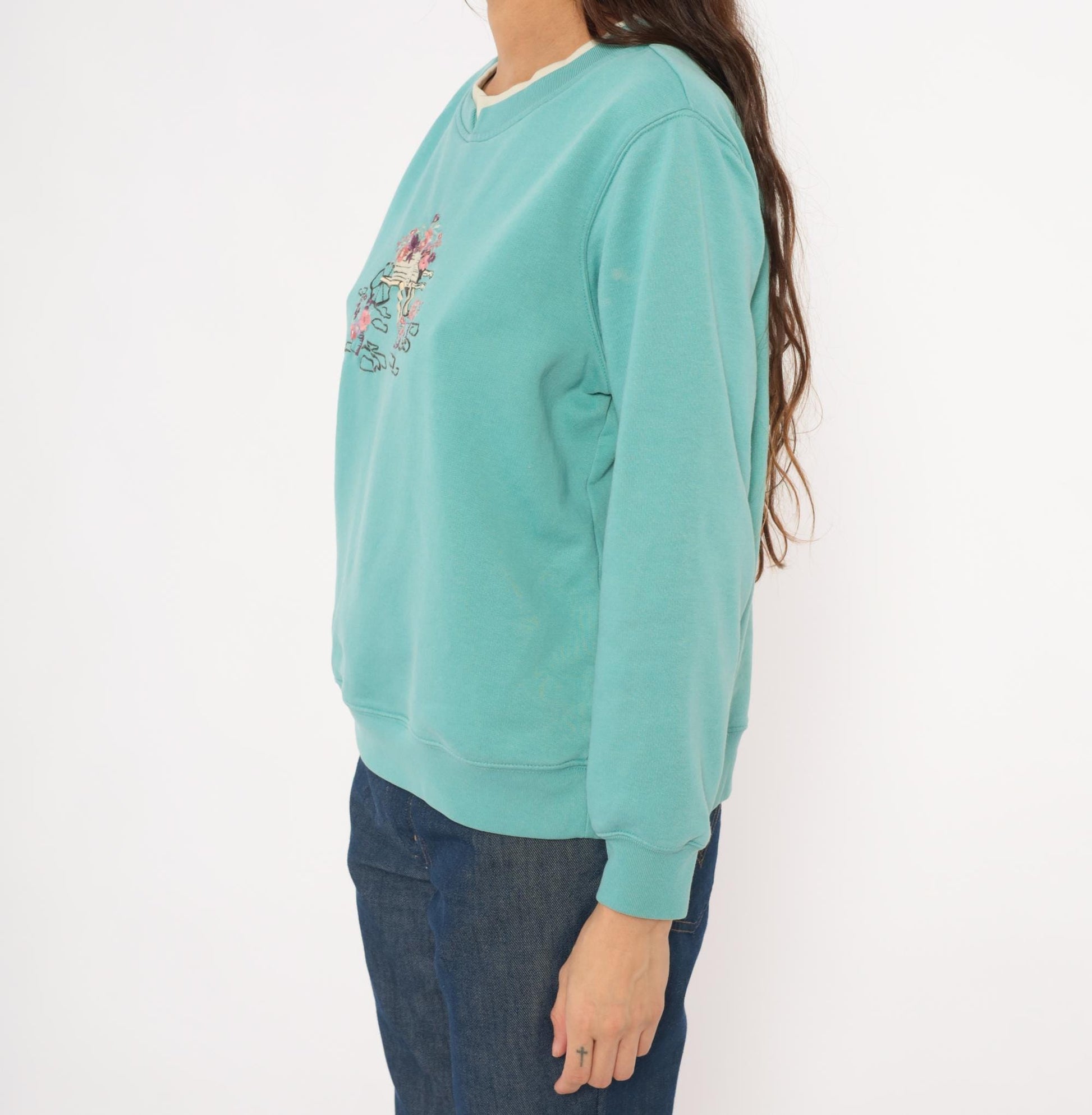 90s Shenanigans Embroidered Garden Wheelbarrow Sweatshirt Teal Medium
