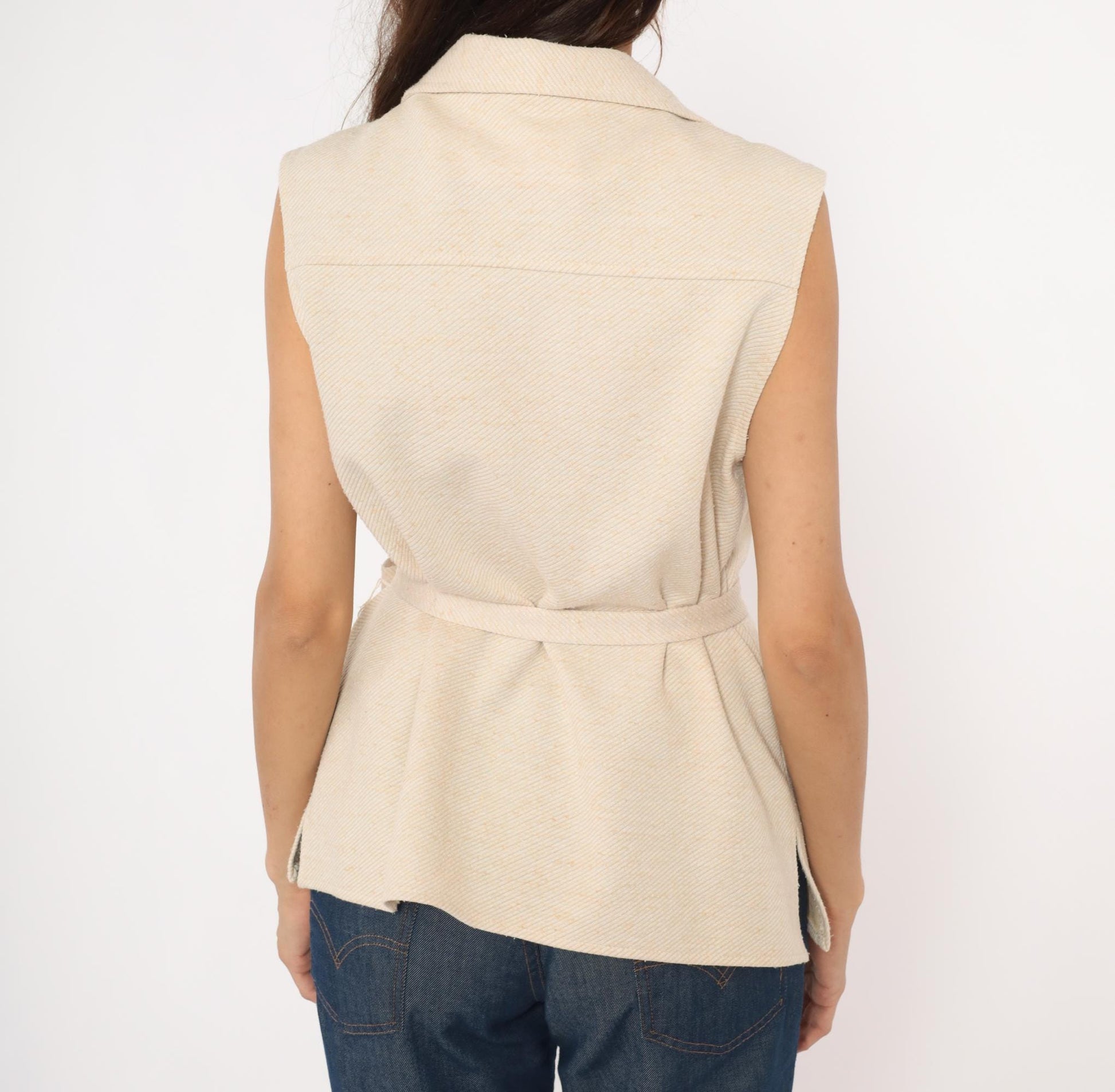 70s Cream Belted Vest Notched Lapel Button Front Tailored Waistcoat Medium