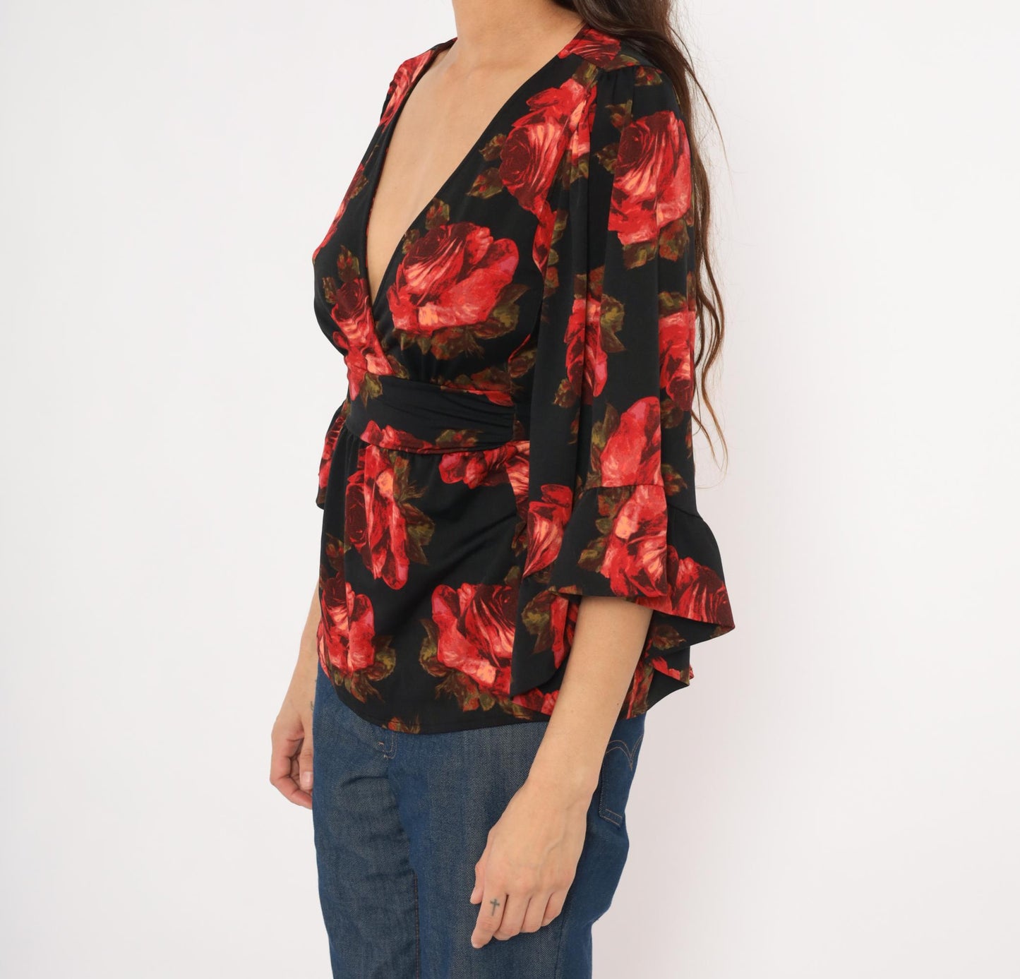 Betsey Johnson 2000s Rose Print Wrap Top Black Bell Sleeve Peplum Small