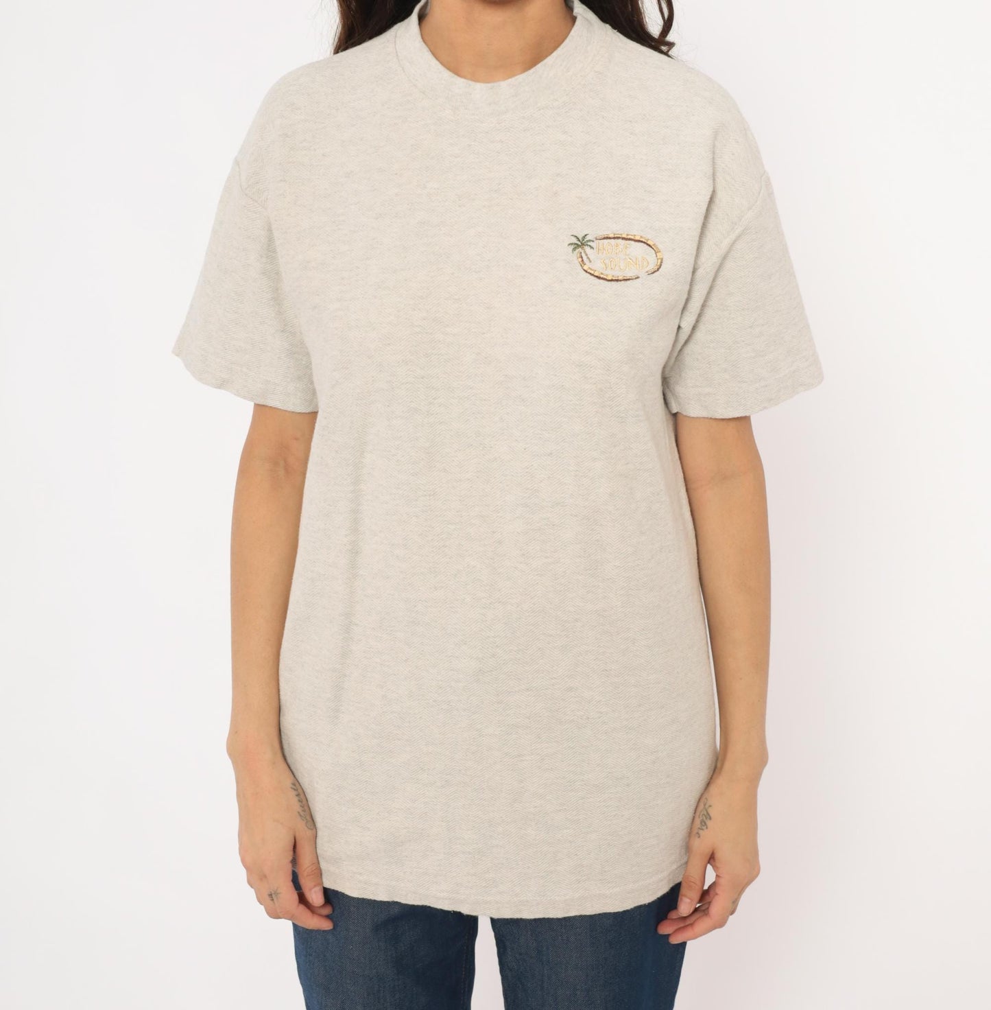 90s King Cotton Hobe Sound Palm Tree Embroidered Tee Oatmeal Medium