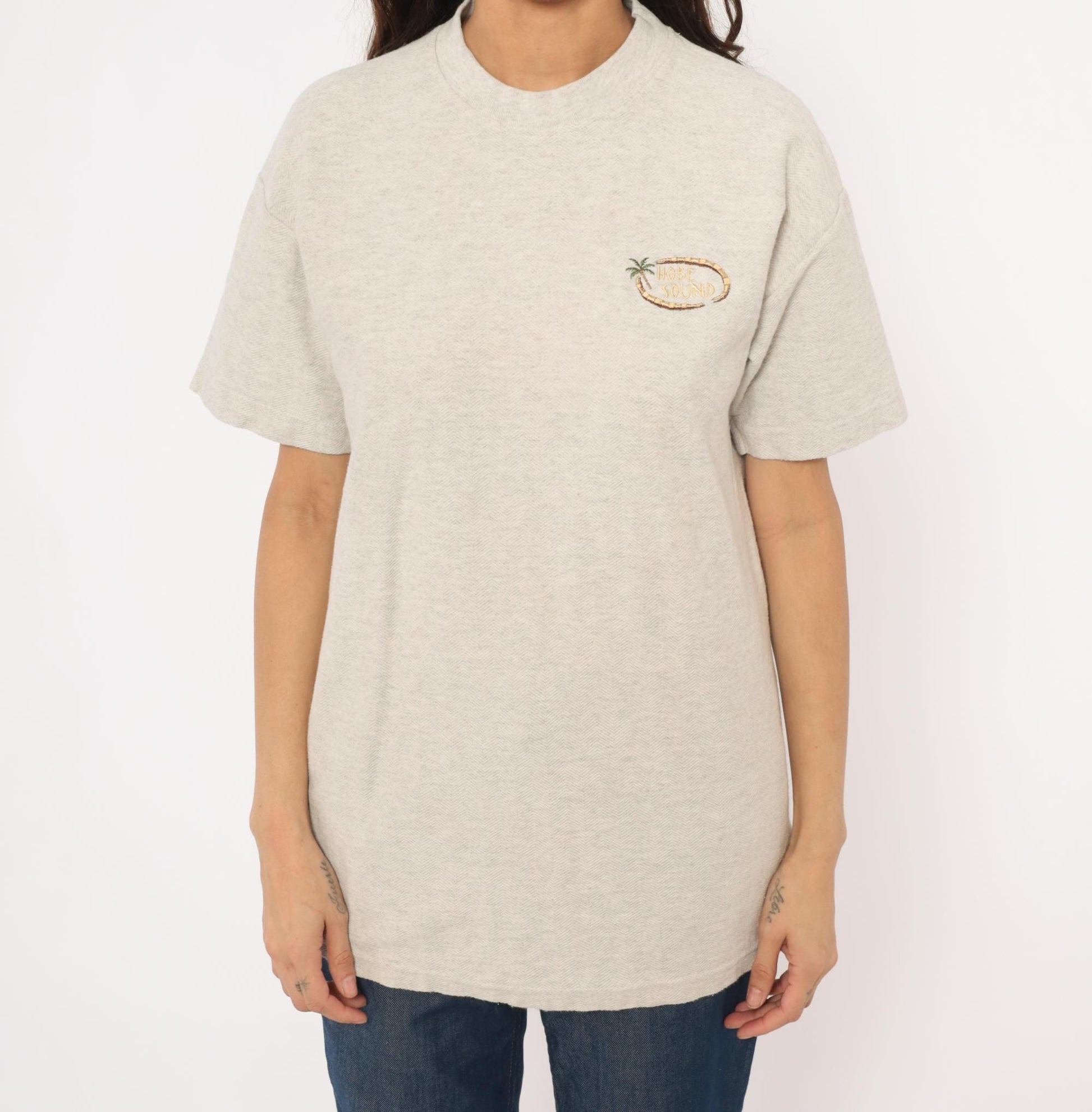 90s King Cotton Hobe Sound Palm Tree Embroidered Tee Oatmeal Medium