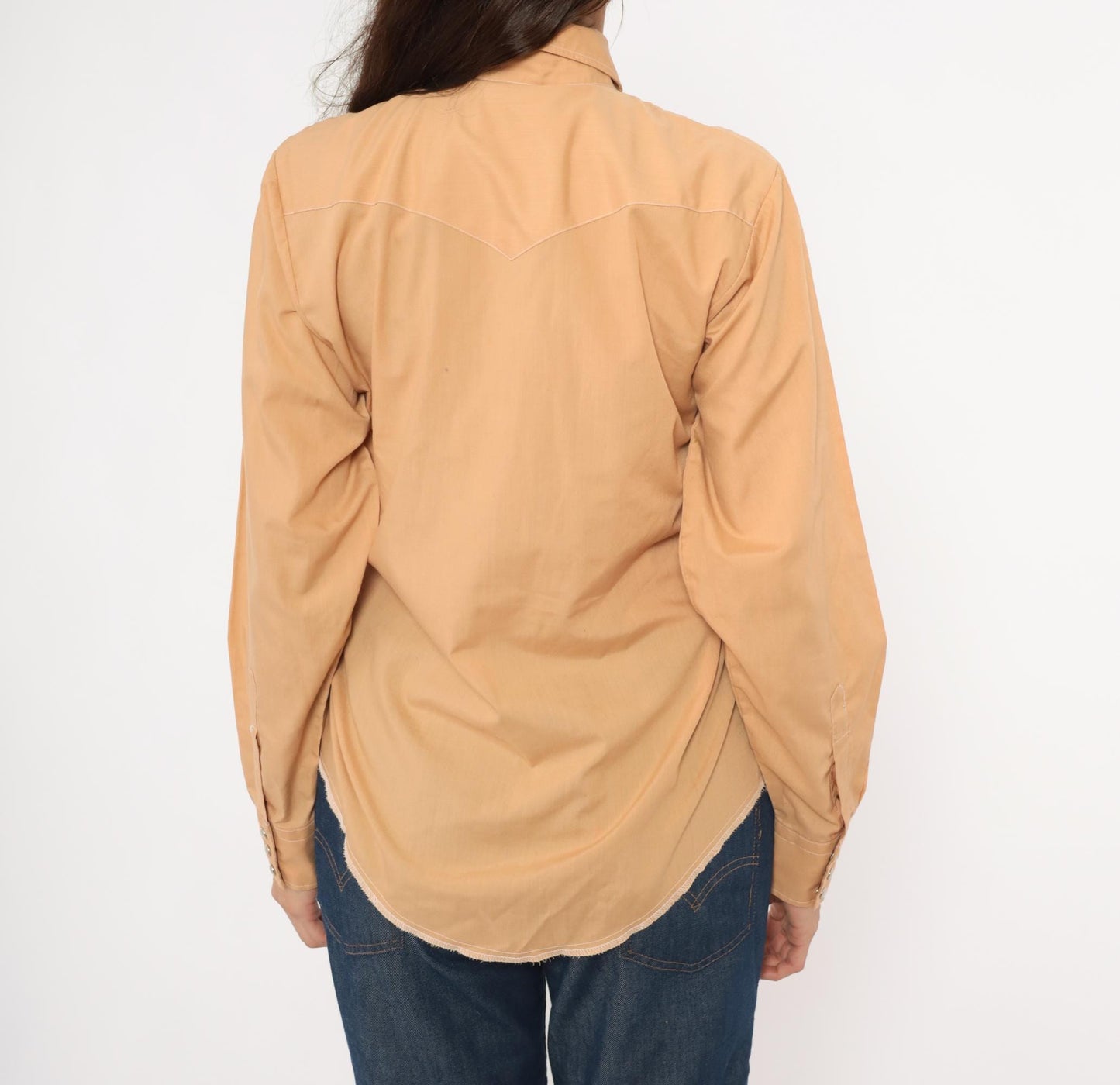 80s Western Fashions Pearl Snap Shirt Peach Cotton Pointed Collar Yoke Small
