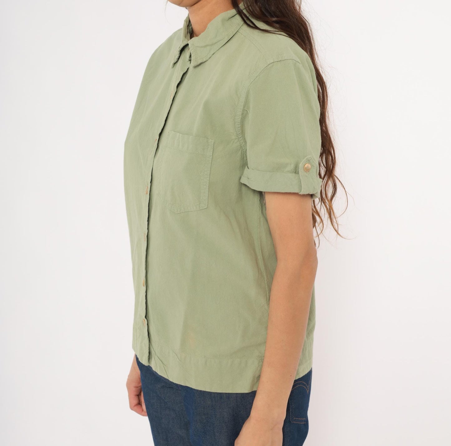 90s Erika & Co Olive Cotton Camp Collar Shirt Sage Green Rolled Sleeve Small