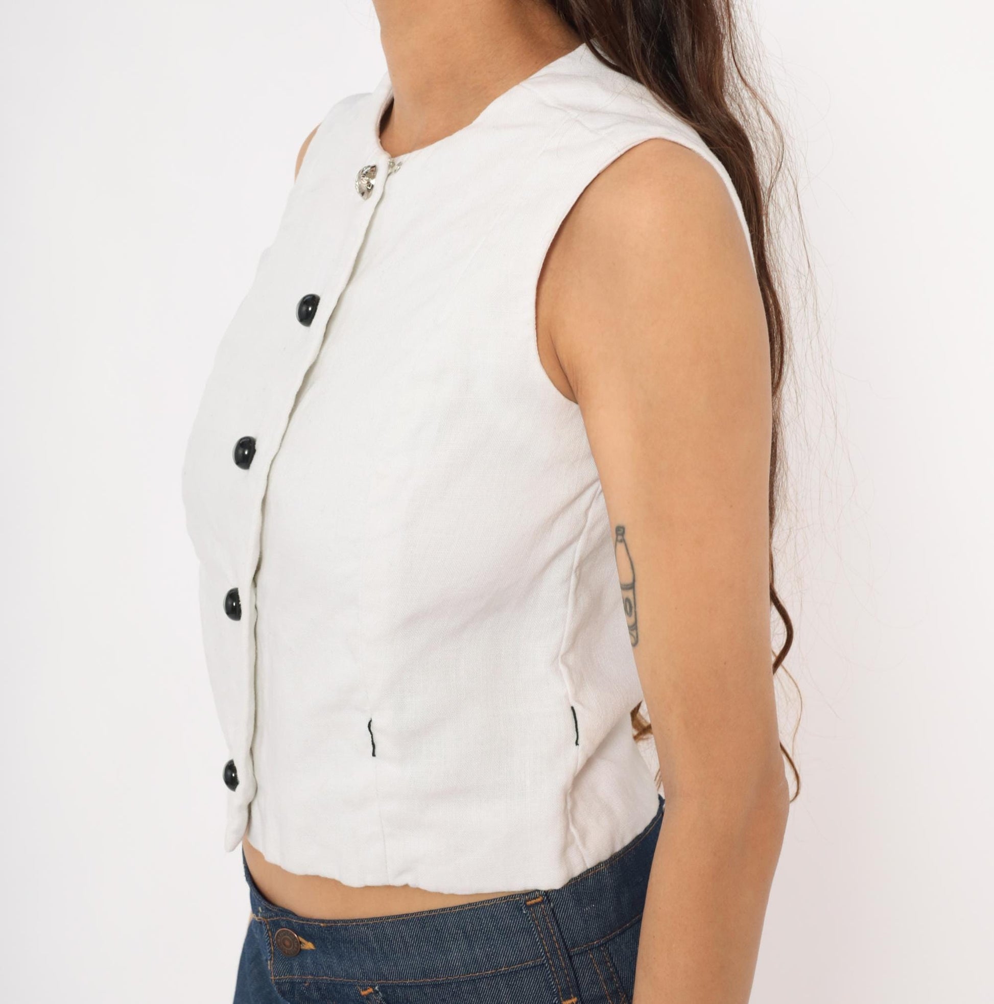 60s Rembrandt Linen Vest White Button Front Sleeveless Crop Top Extra Small XS